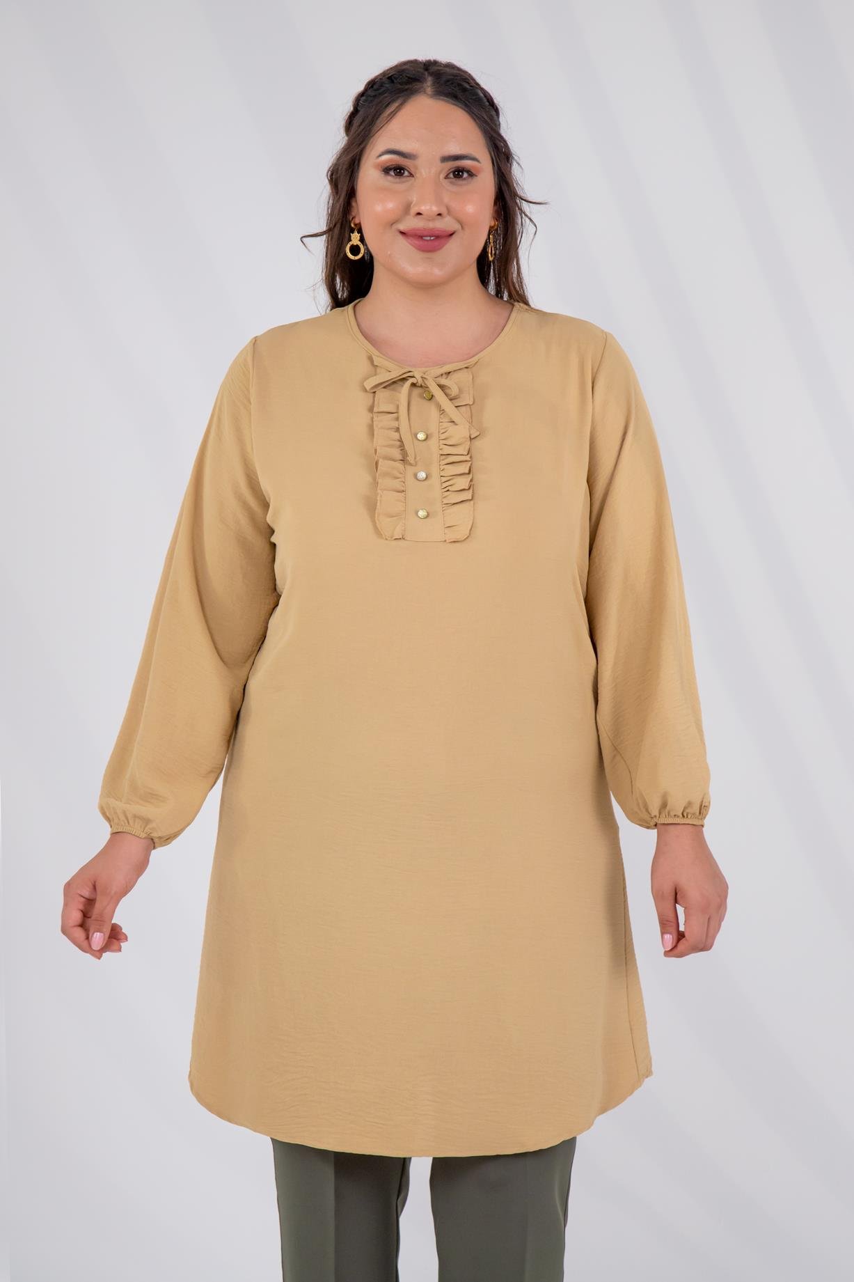 Büyük Beden 333306 Yaka Detaylı Tunik  Bej