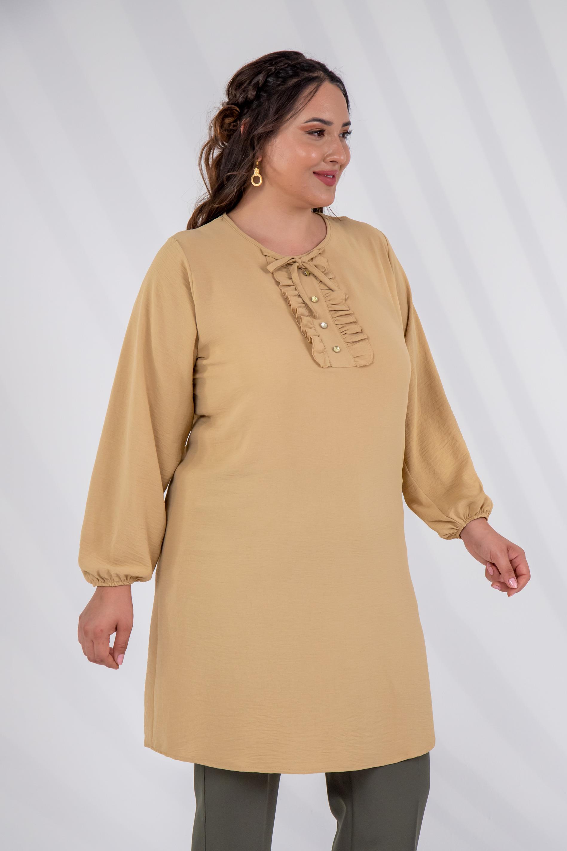 Büyük Beden 333306 Yaka Detaylı Tunik  Bej