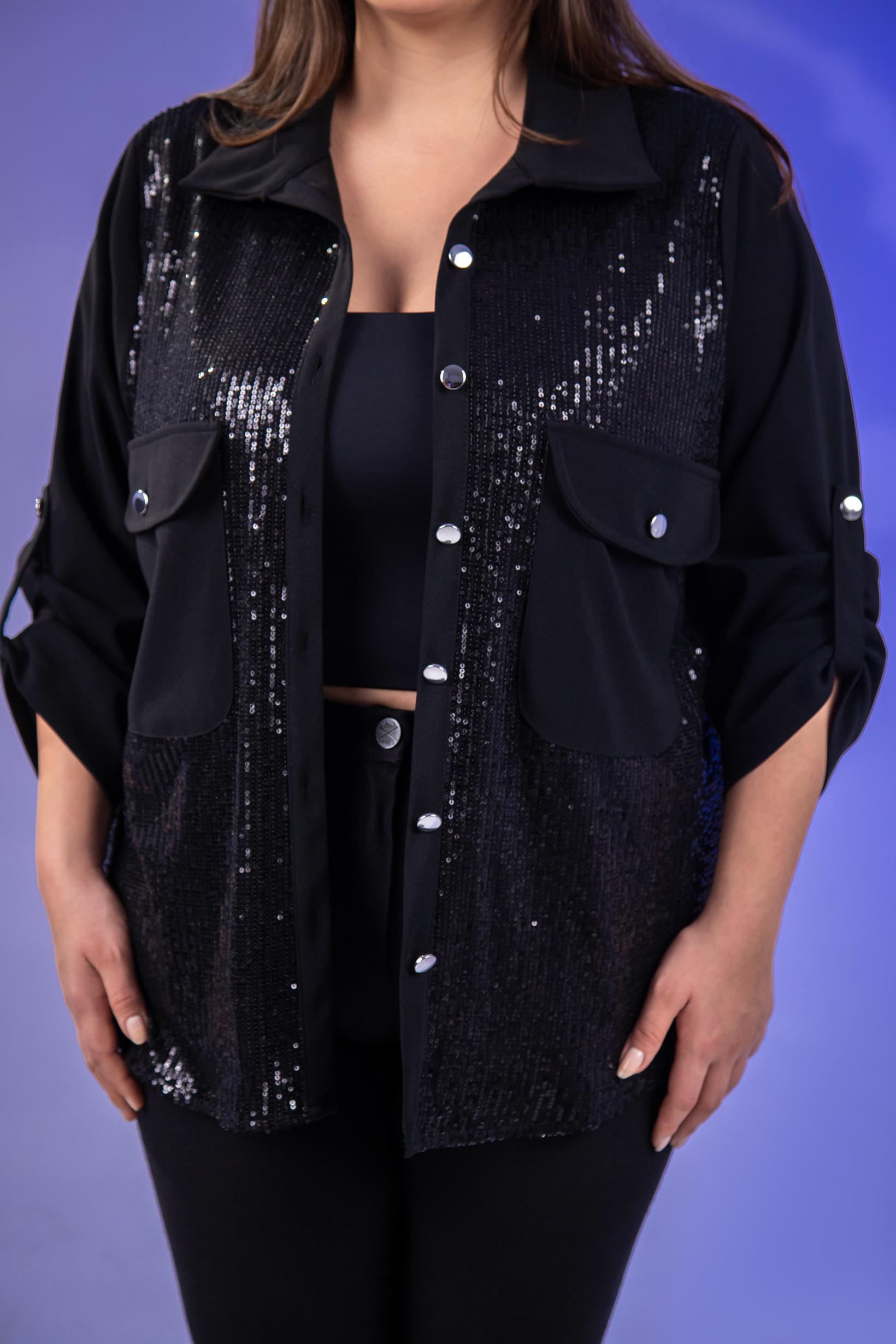 Büyük Beden 3333136 Cepli Pul Payetli Gömlek  Siyah