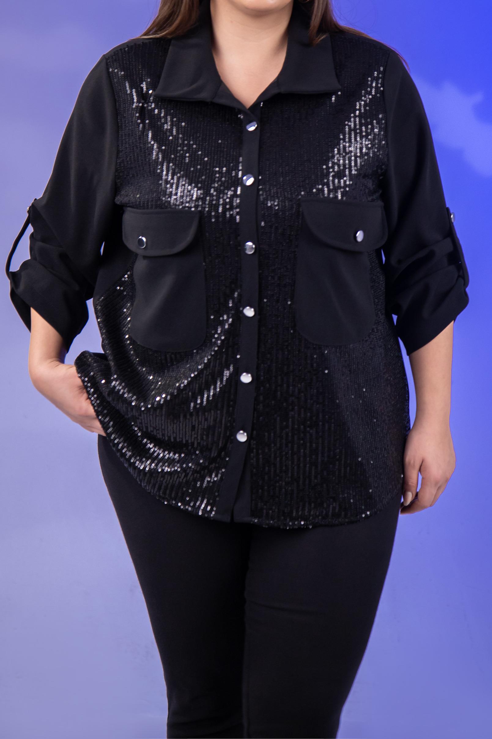 Büyük Beden 3333136 Cepli Pul Payetli Gömlek  Siyah