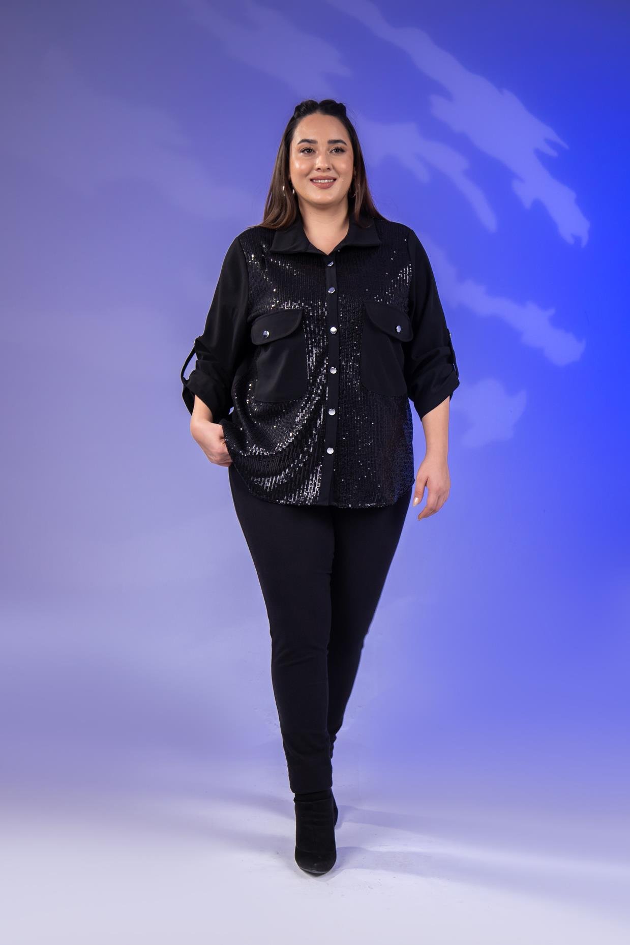 Büyük Beden 3333136 Cepli Pul Payetli Gömlek  Siyah