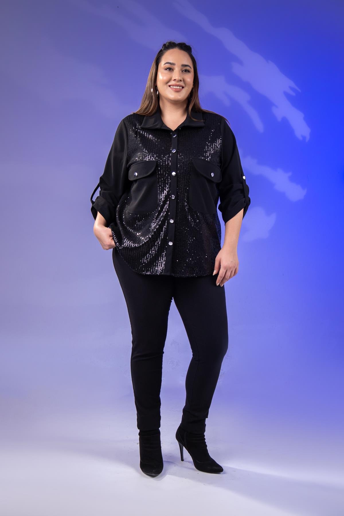 Büyük Beden 3333136 Cepli Pul Payetli Gömlek  Siyah