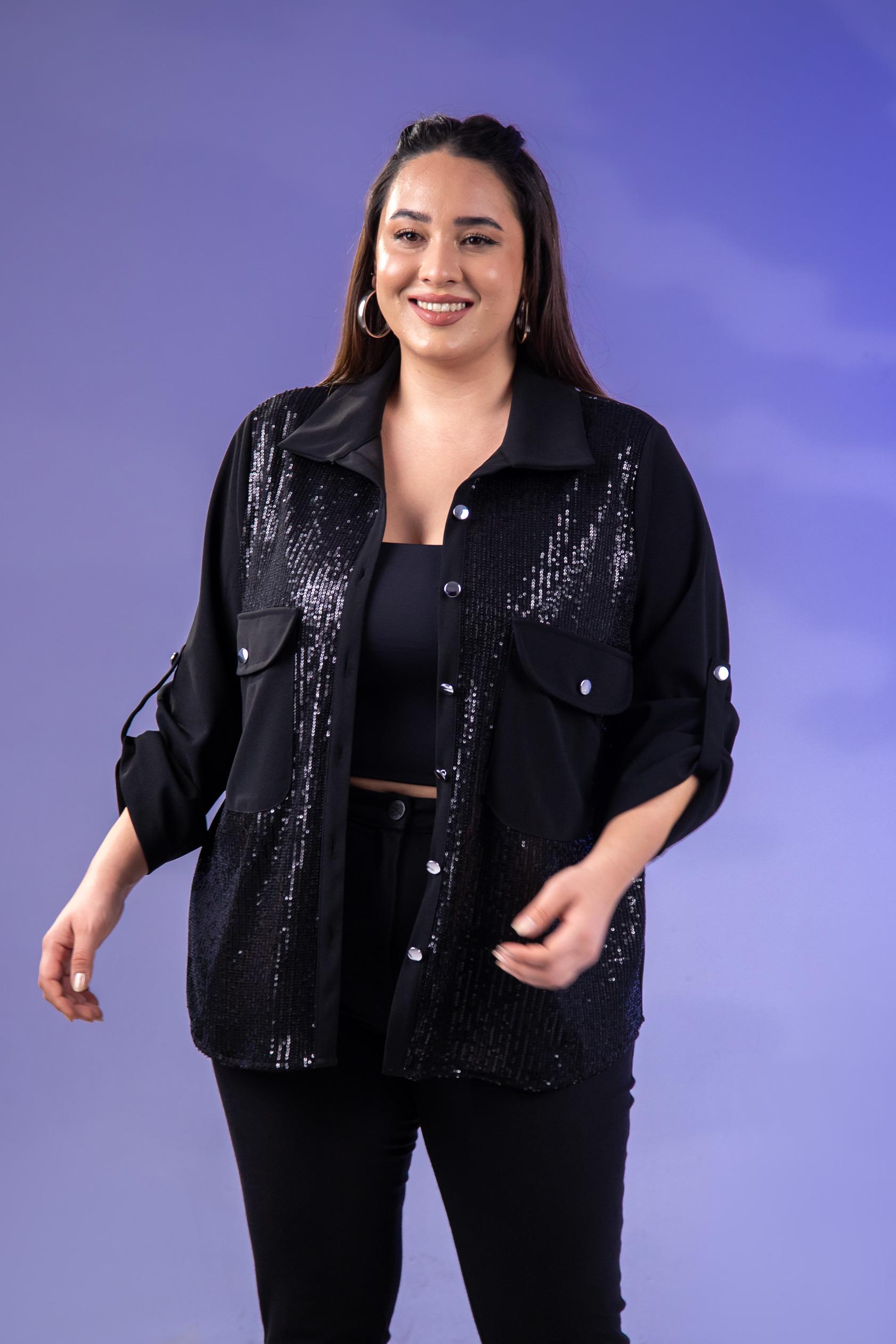 Büyük Beden 3333136 Cepli Pul Payetli Gömlek  Siyah