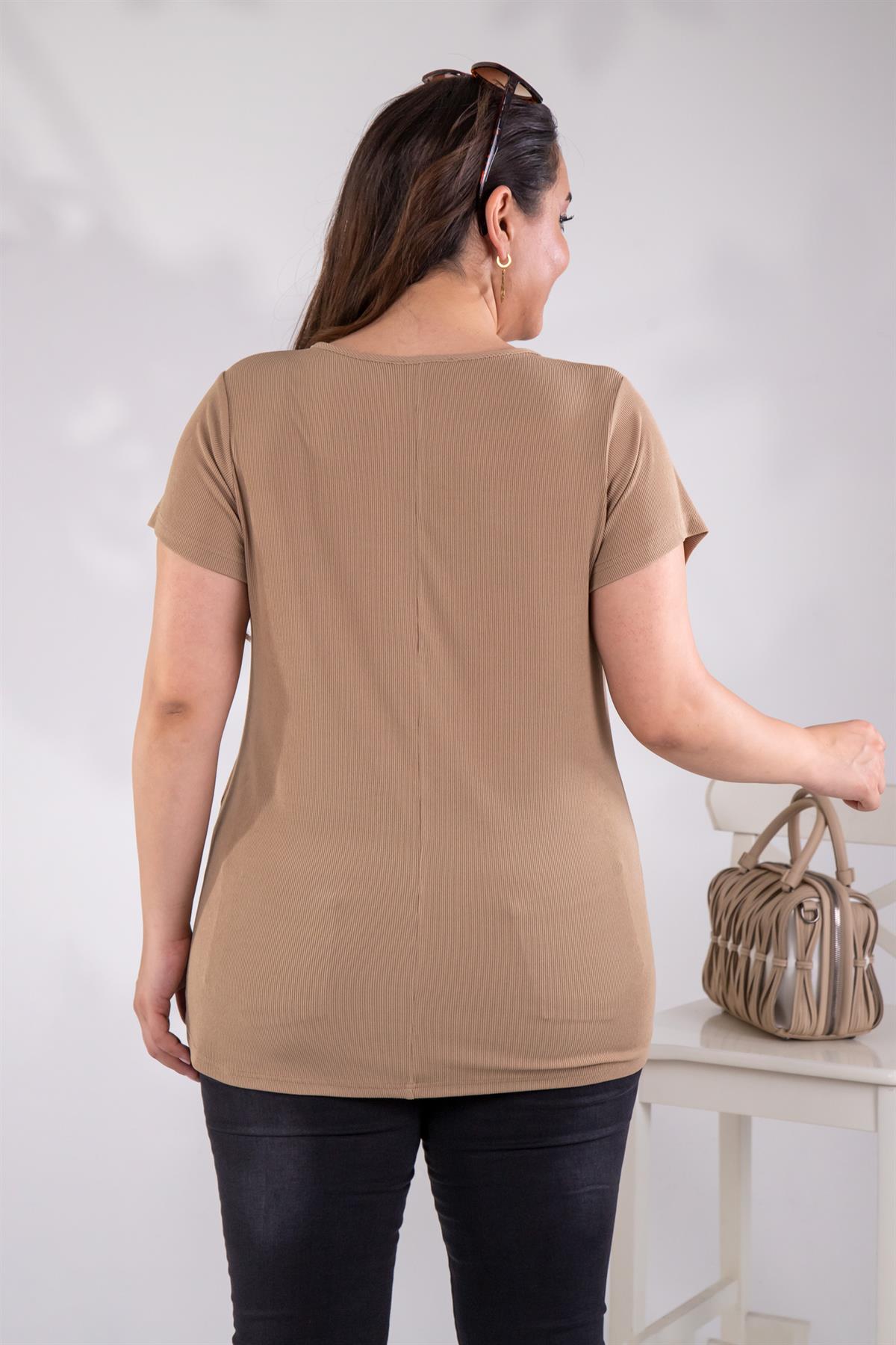 Büyük Beden 333360 İnce Fitilli V Yaka Bluz  Camel
