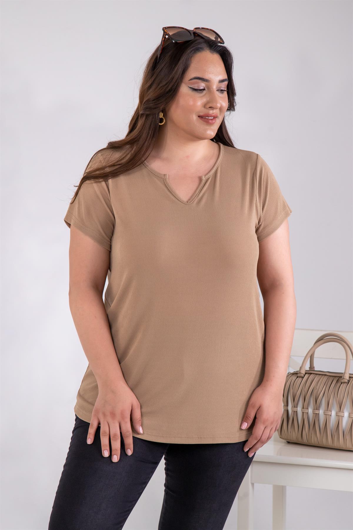 Büyük Beden 333360 İnce Fitilli V Yaka Bluz  Camel