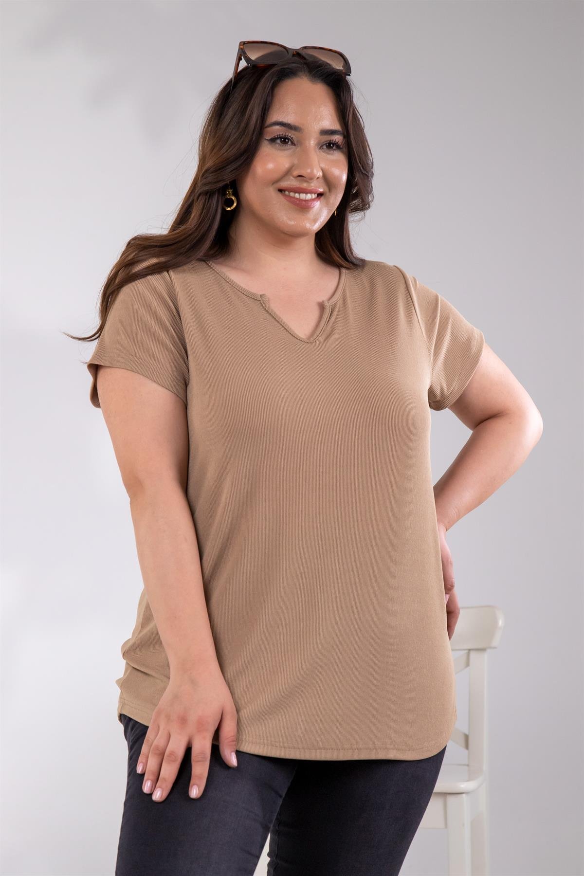 Büyük Beden 333360 İnce Fitilli V Yaka Bluz  Camel
