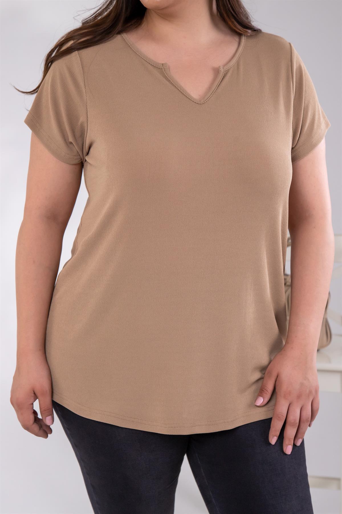 Büyük Beden 333360 İnce Fitilli V Yaka Bluz  Camel