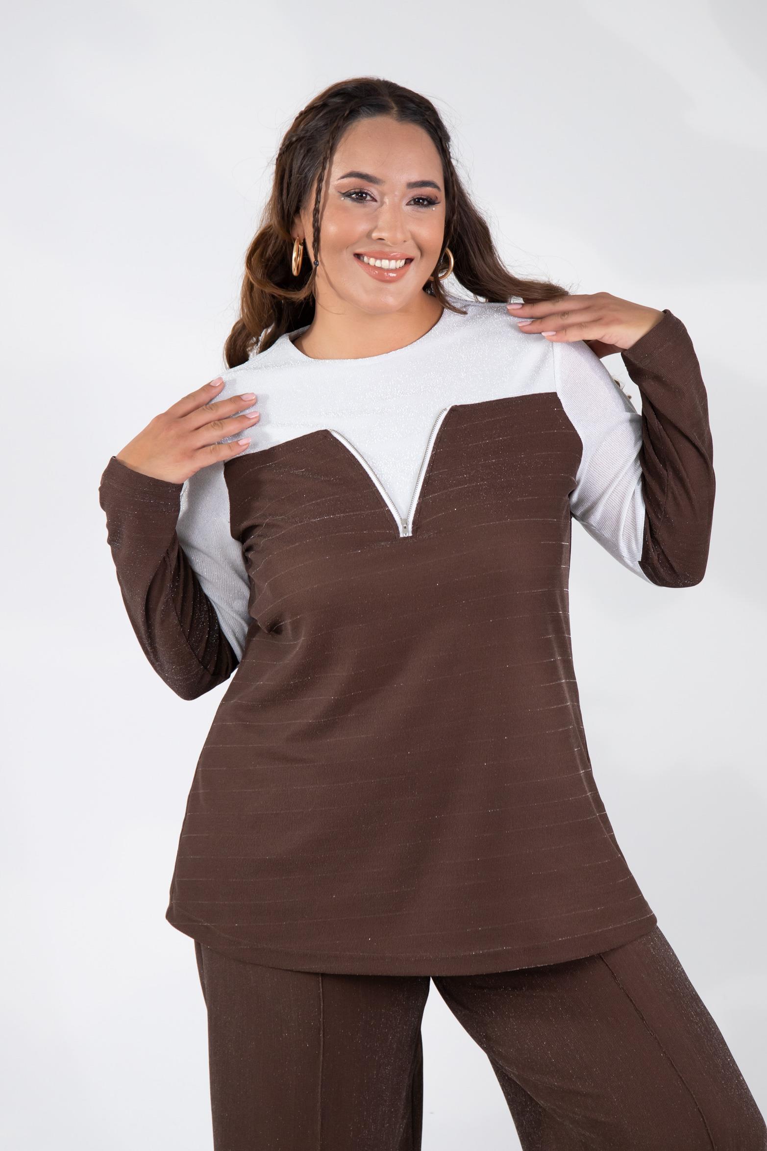 Büyük Beden 333498 Fermuar Detaylı Simli Bluz Kahve-Beyaz