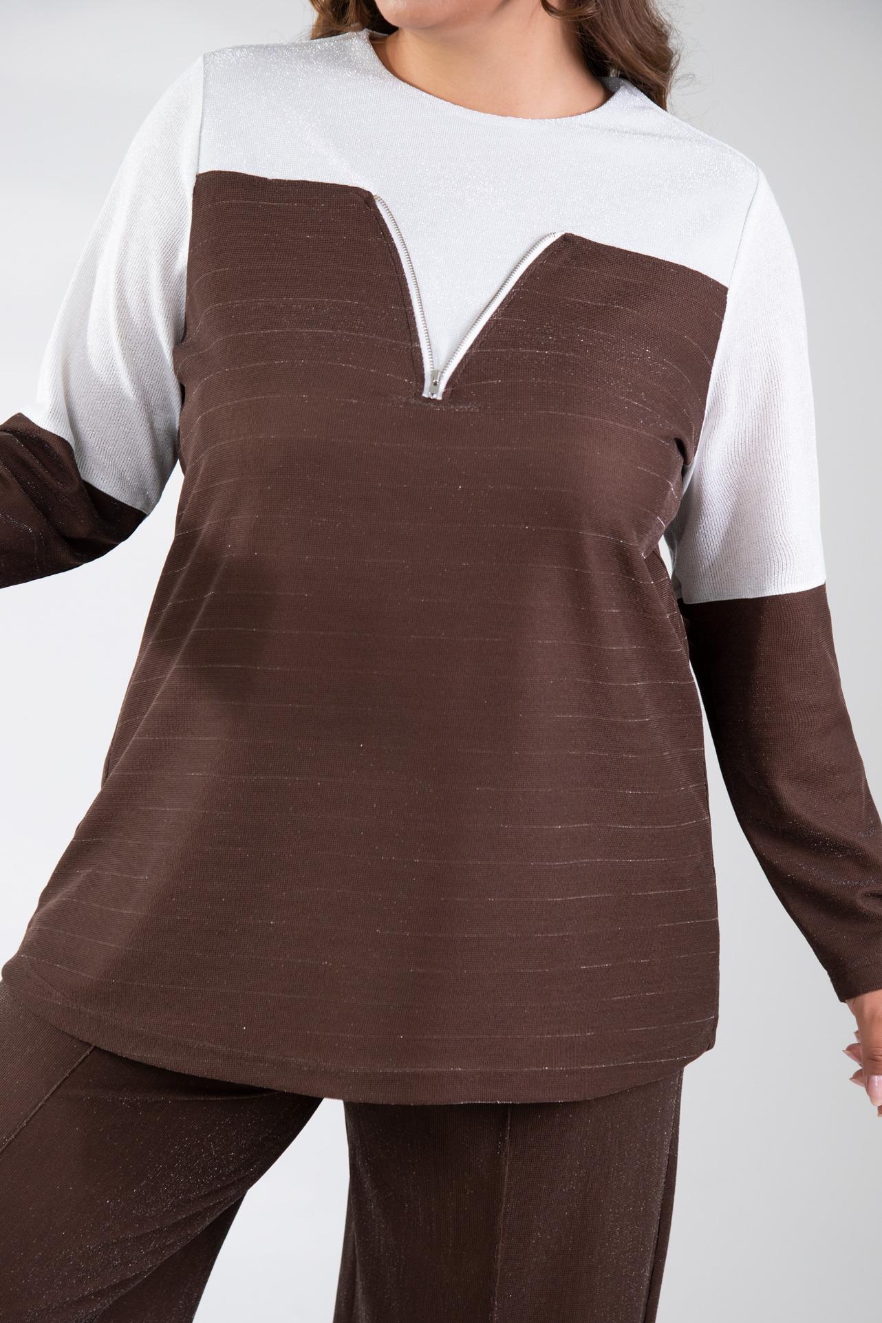 Büyük Beden 333498 Fermuar Detaylı Simli Bluz Kahve-Beyaz