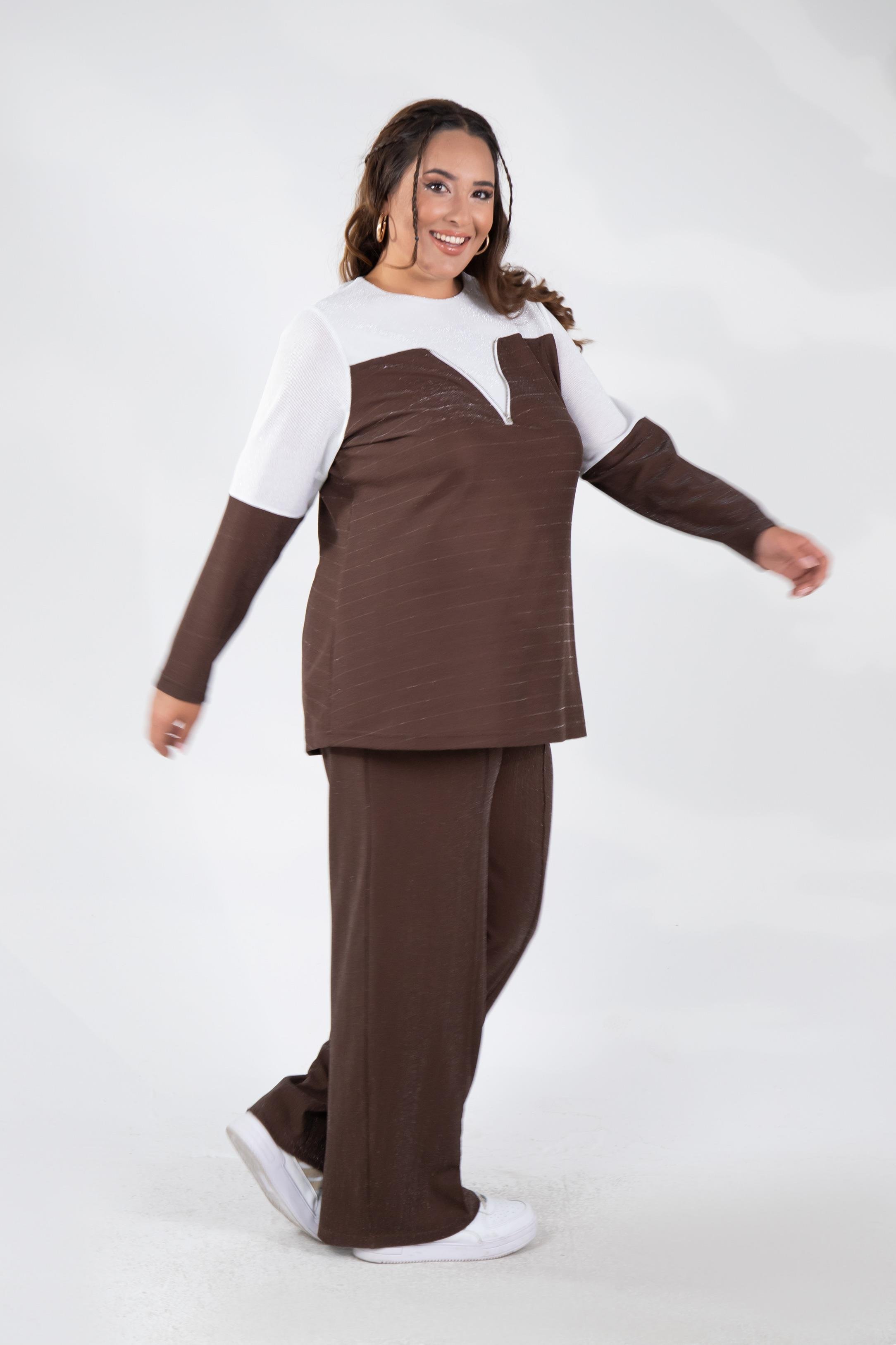 Büyük Beden 333498 Fermuar Detaylı Simli Bluz Kahve-Beyaz