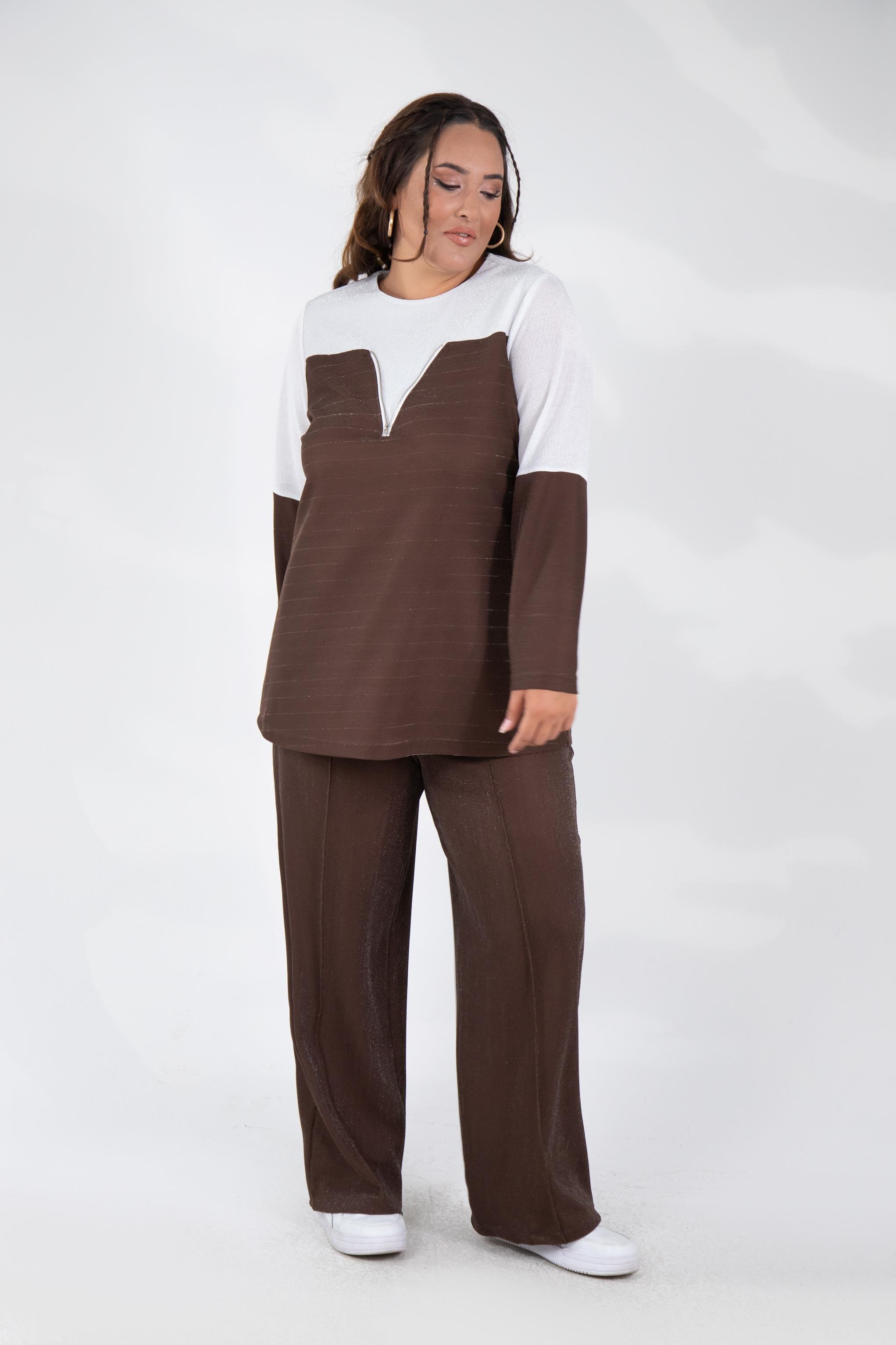 Büyük Beden 333498 Fermuar Detaylı Simli Bluz Kahve-Beyaz