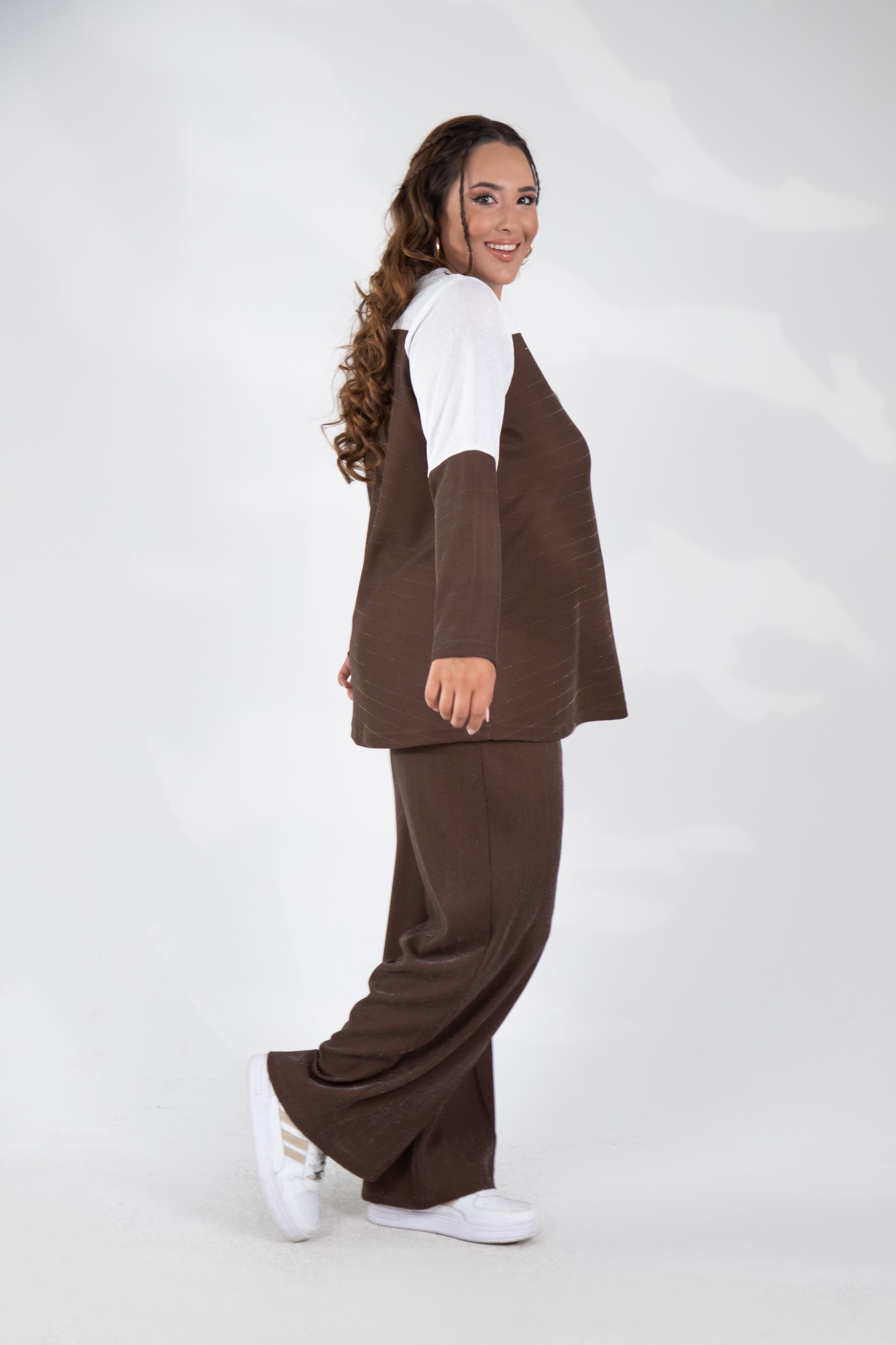 Büyük Beden 333498 Fermuar Detaylı Simli Bluz Kahve-Beyaz