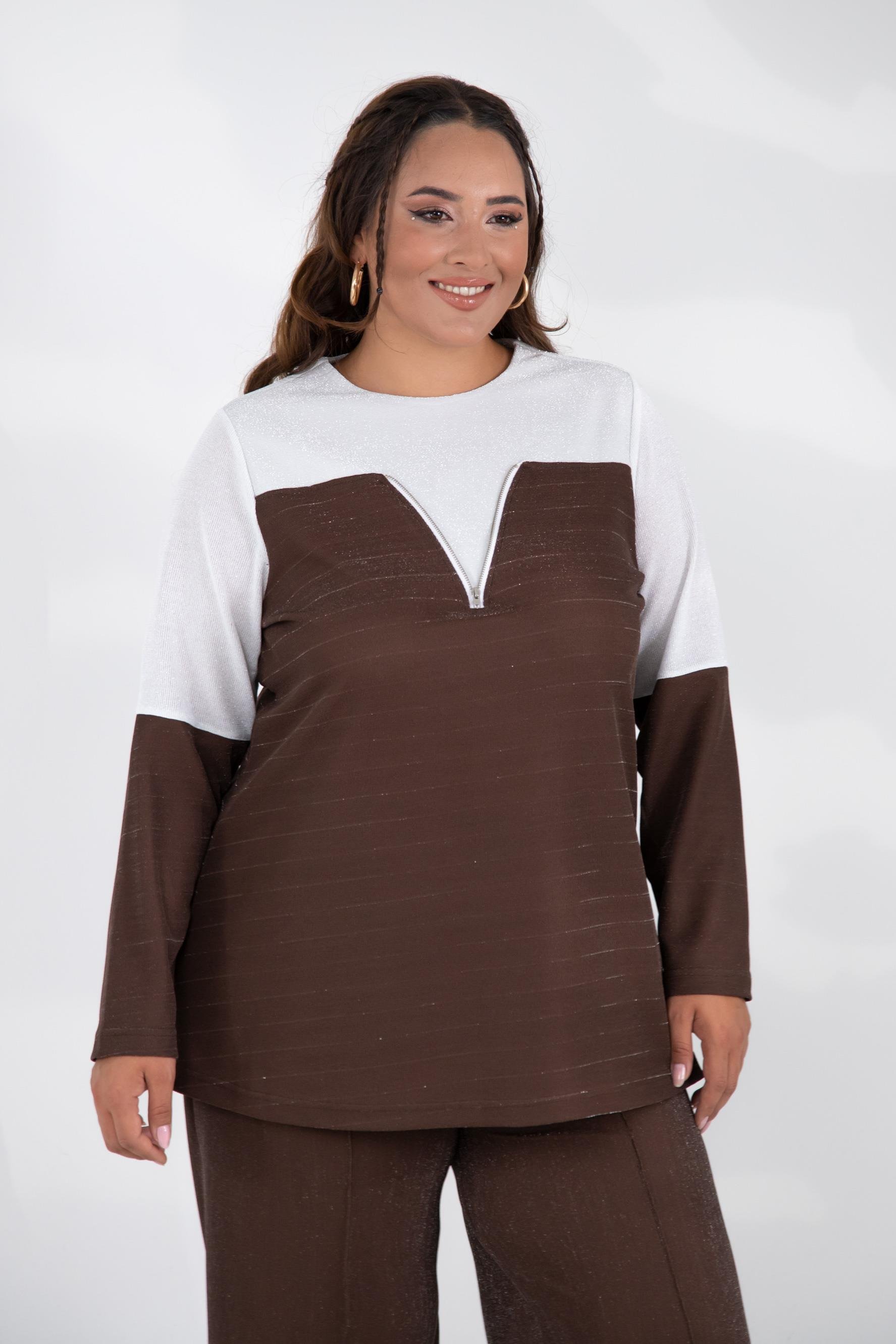 Büyük Beden 333498 Fermuar Detaylı Simli Bluz Kahve-Beyaz