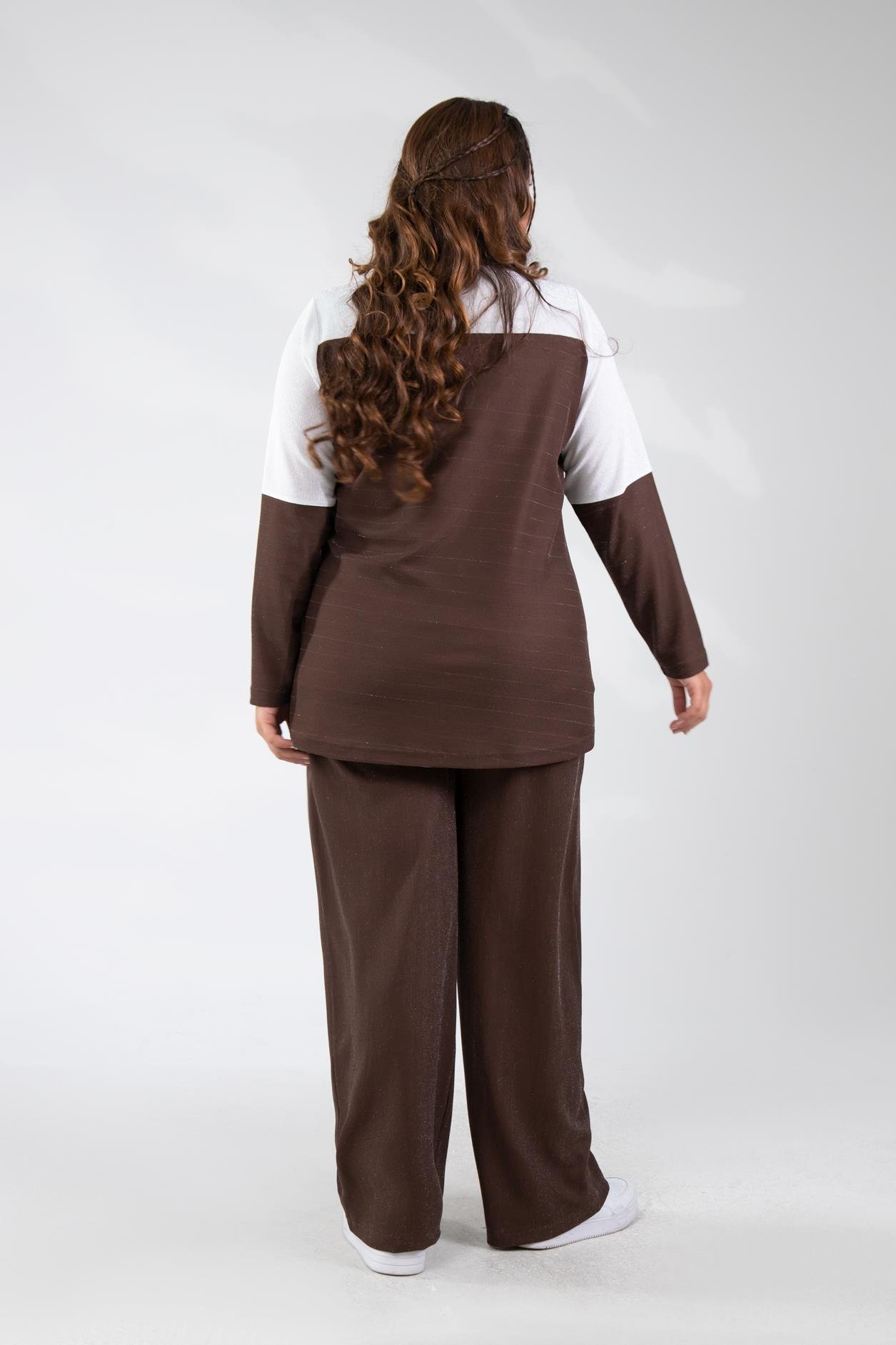 Büyük Beden 333498 Fermuar Detaylı Simli Bluz Kahve-Beyaz