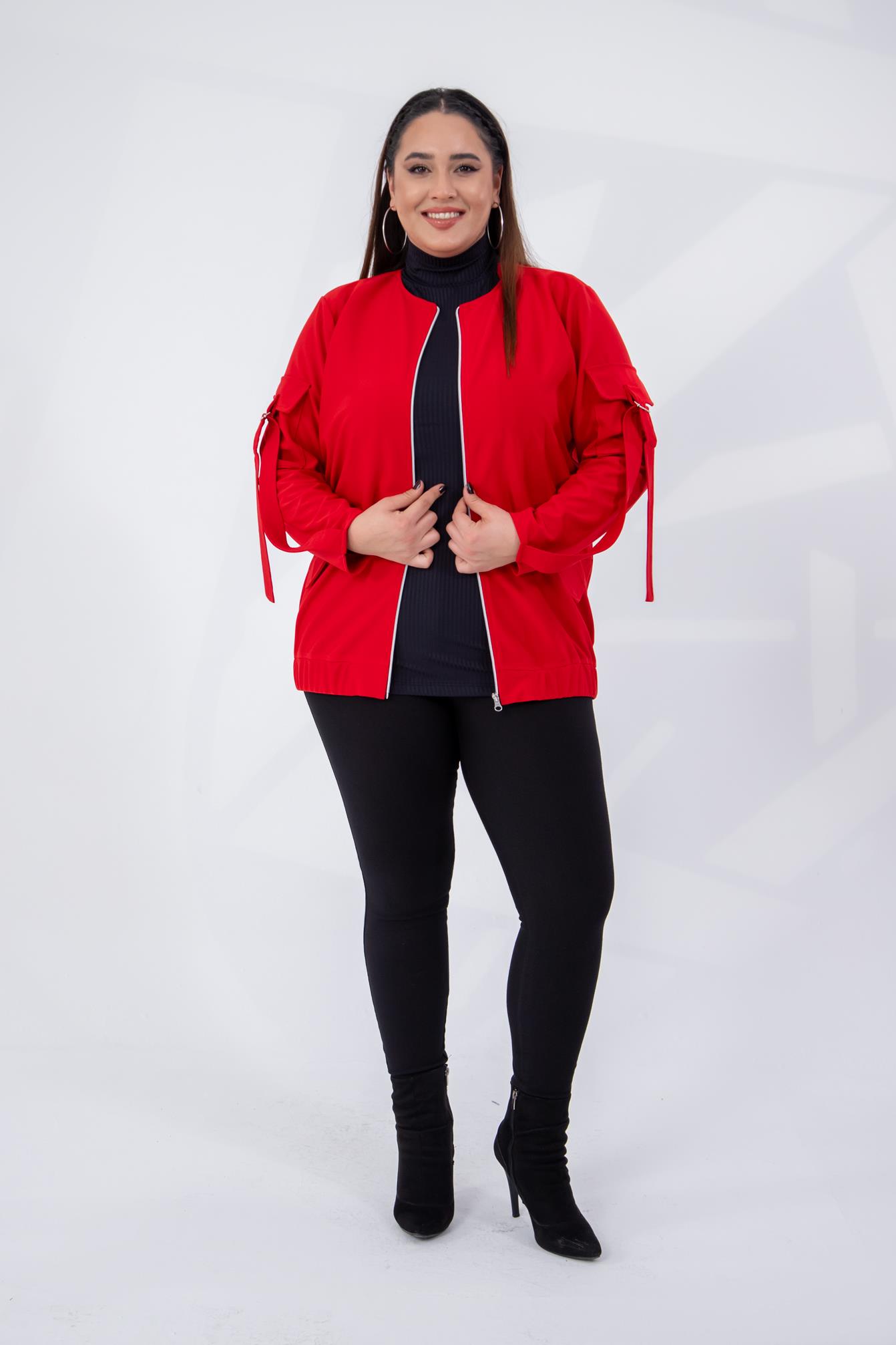 Büyük Beden 333585 Cep Kol Detaylı Ceket  Kırmızı