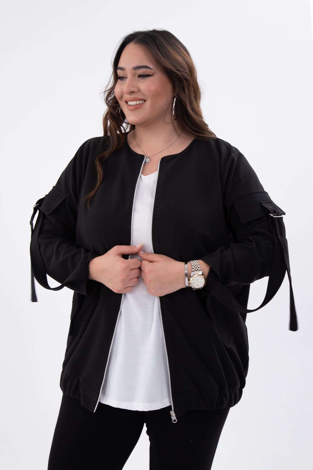 Büyük Beden 333585 Cep Kol Detaylı Ceket  Siyah