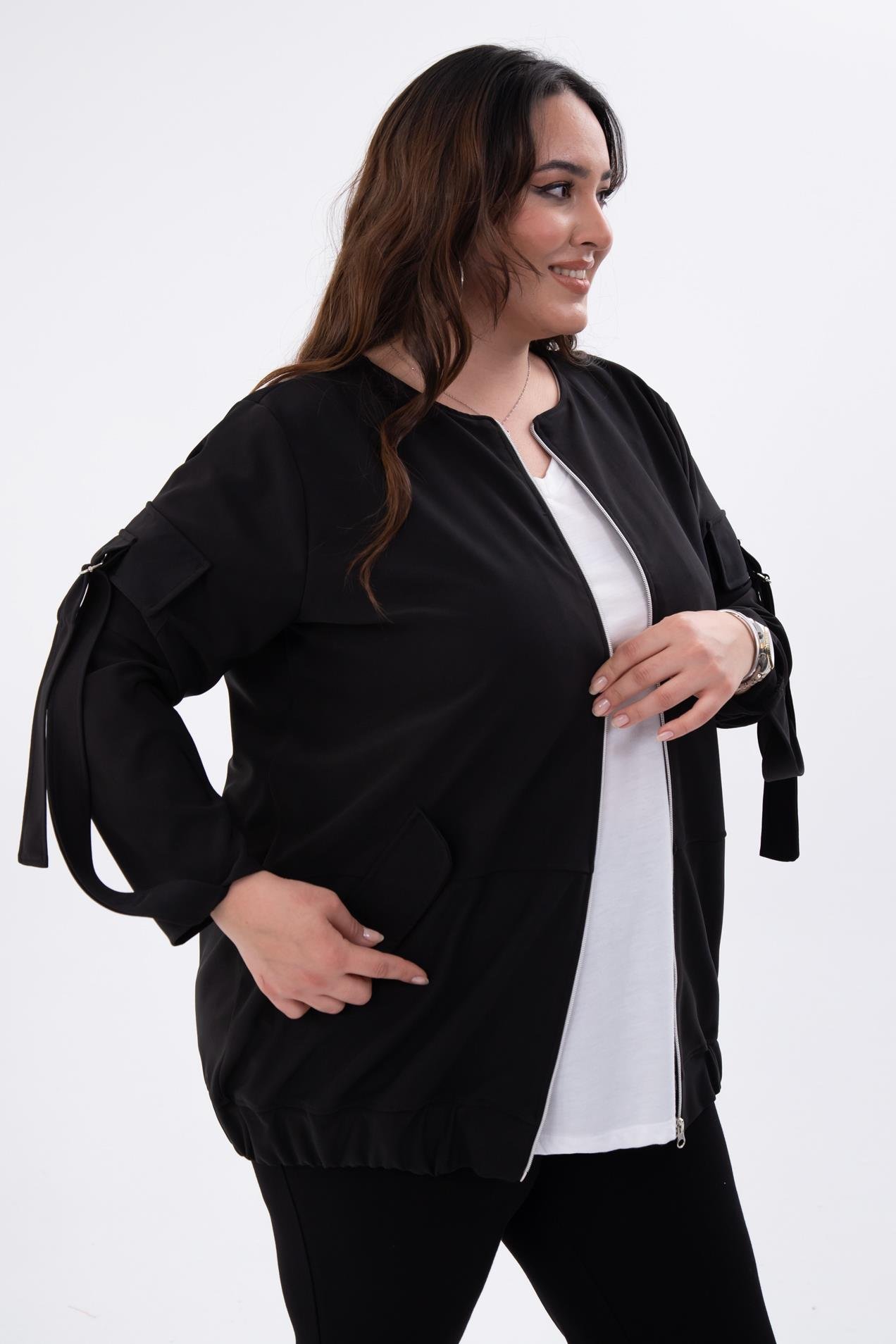 Büyük Beden 333585 Cep Kol Detaylı Ceket  Siyah