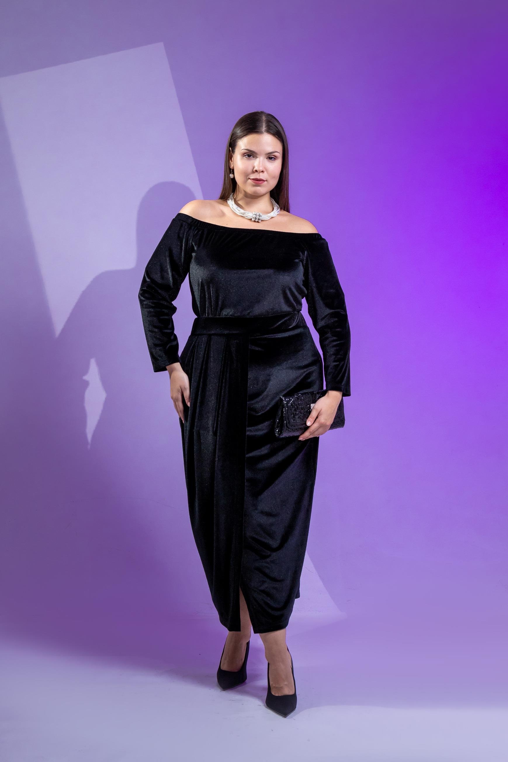 Büyük Beden 333670 Omuzu Açık Yırtmaçlı Elbise  Siyah