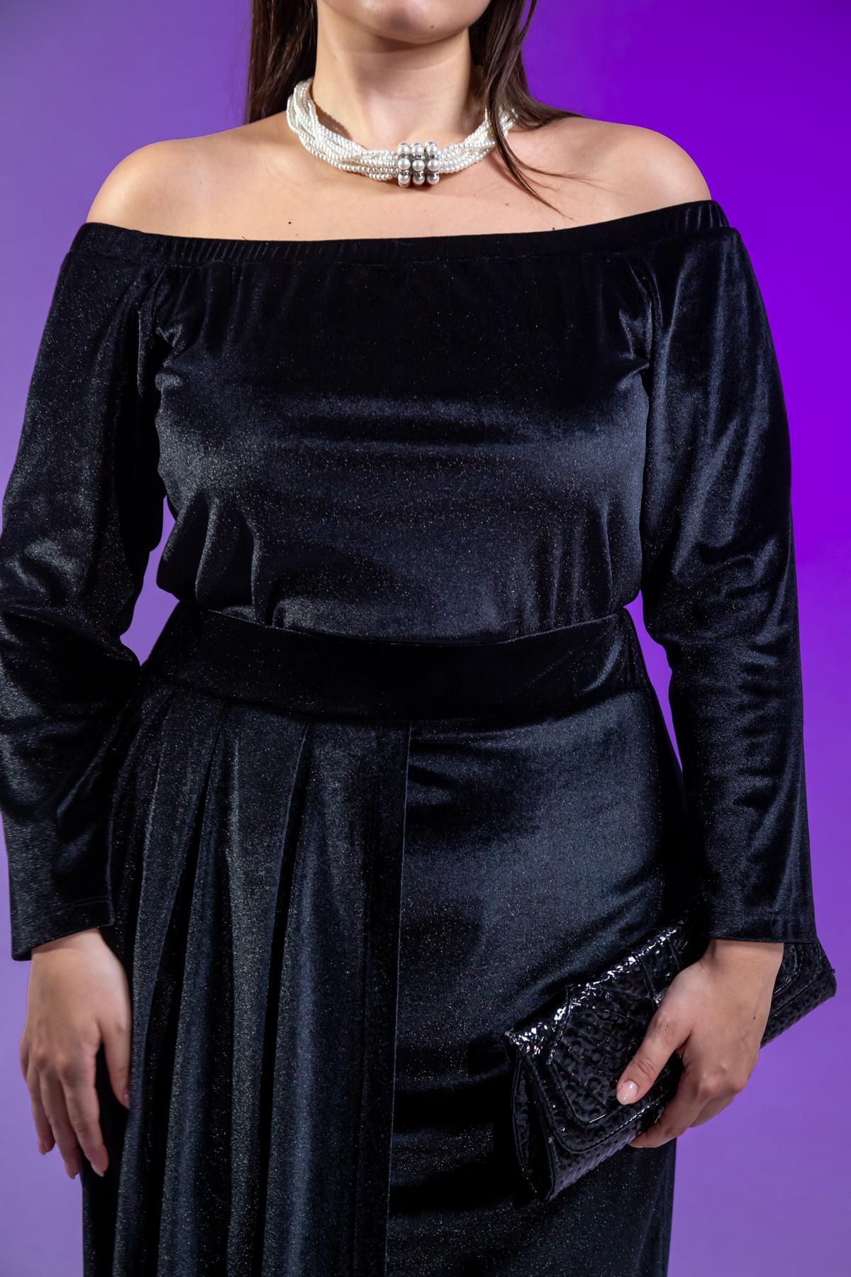 Büyük Beden 333670 Omuzu Açık Yırtmaçlı Elbise  Siyah