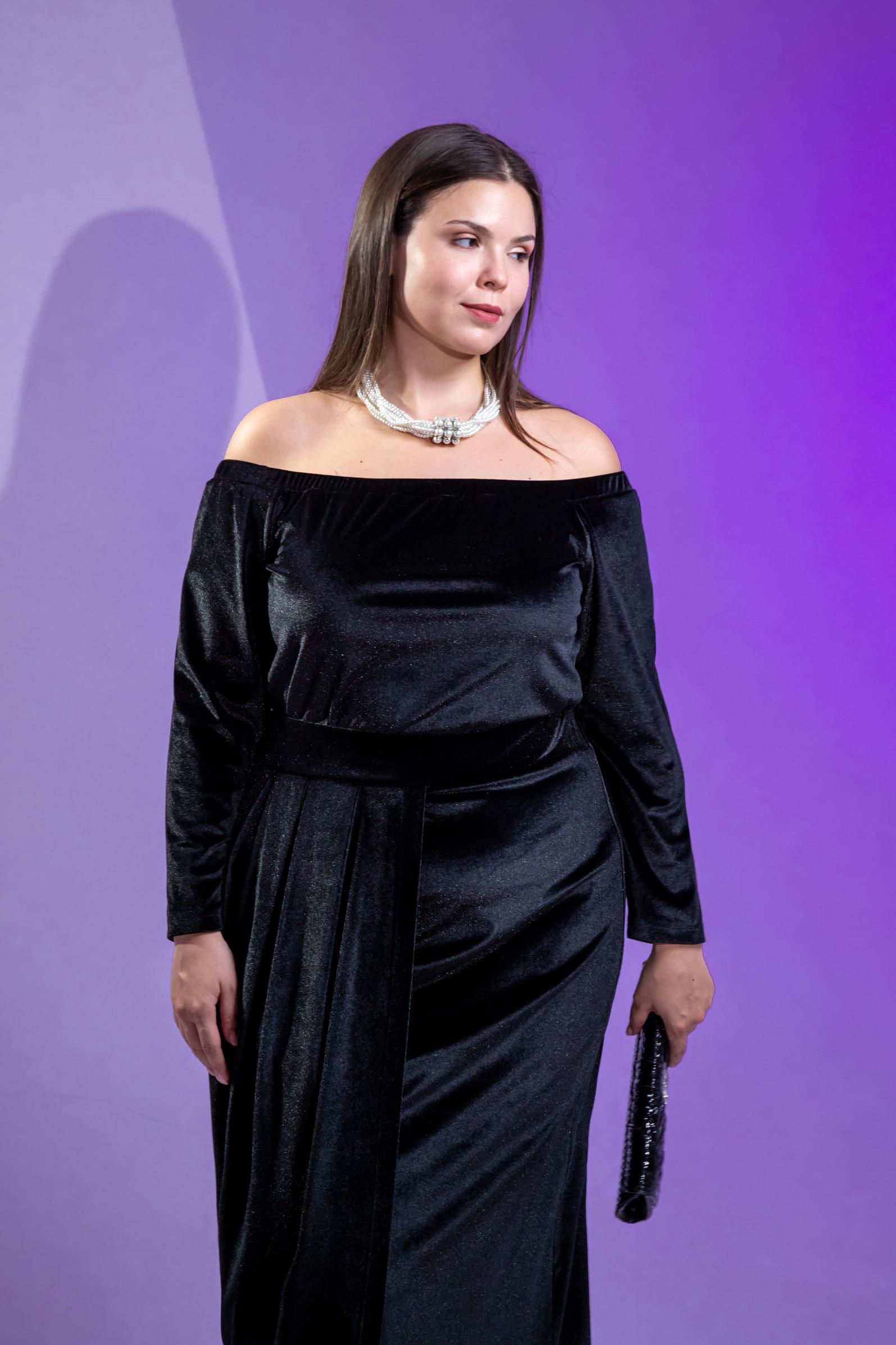 Büyük Beden 333670 Omuzu Açık Yırtmaçlı Elbise  Siyah