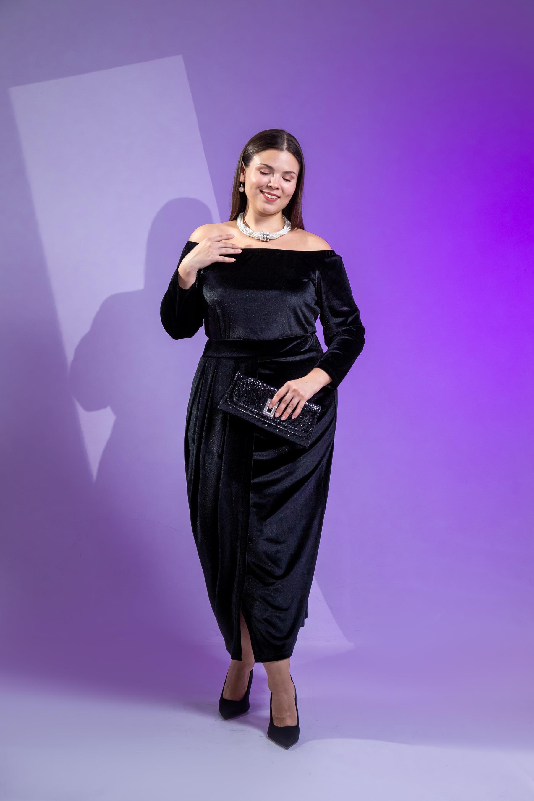 Büyük Beden 333670 Omuzu Açık Yırtmaçlı Elbise  Siyah