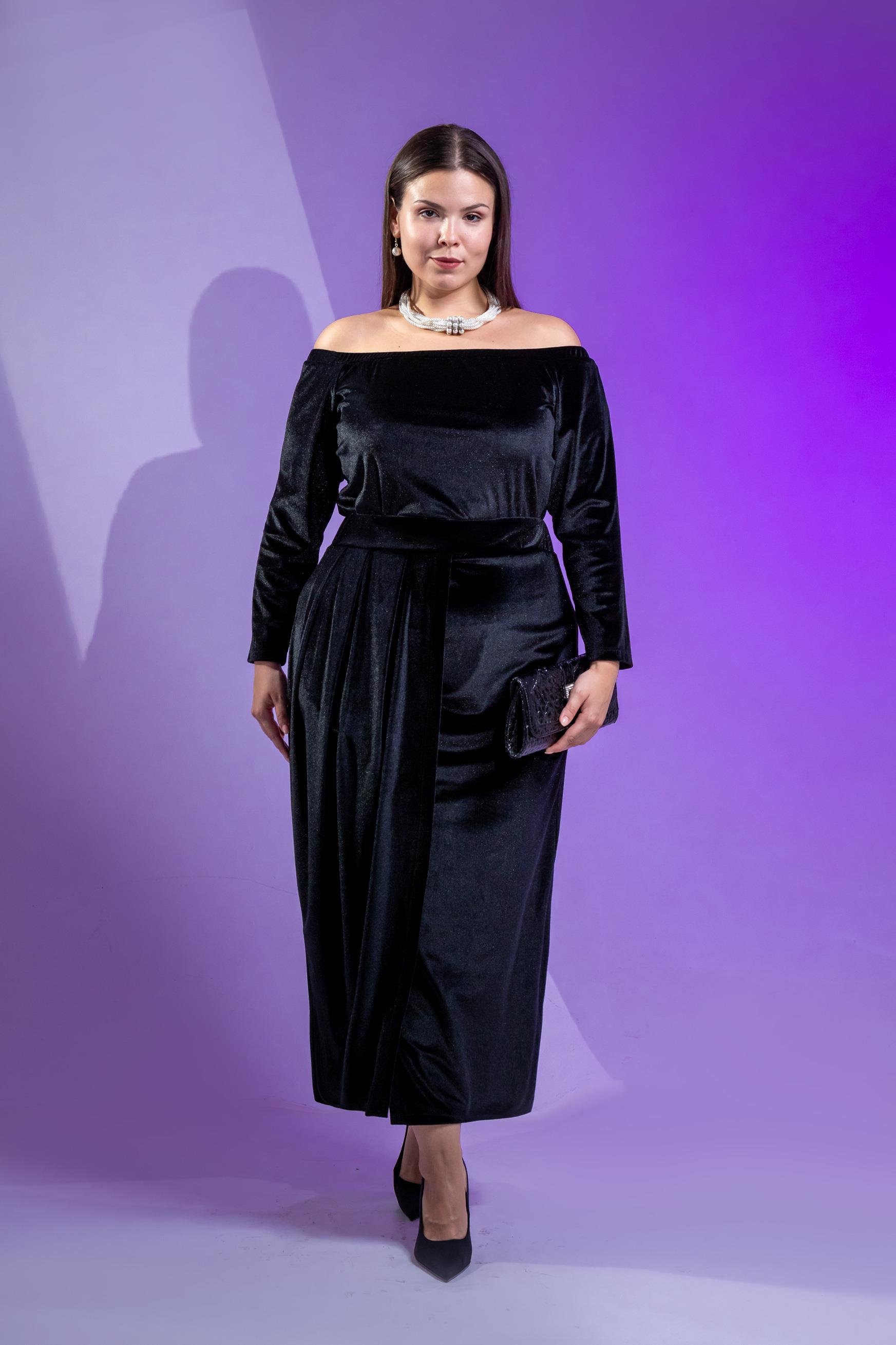 Büyük Beden 333670 Omuzu Açık Yırtmaçlı Elbise  Siyah