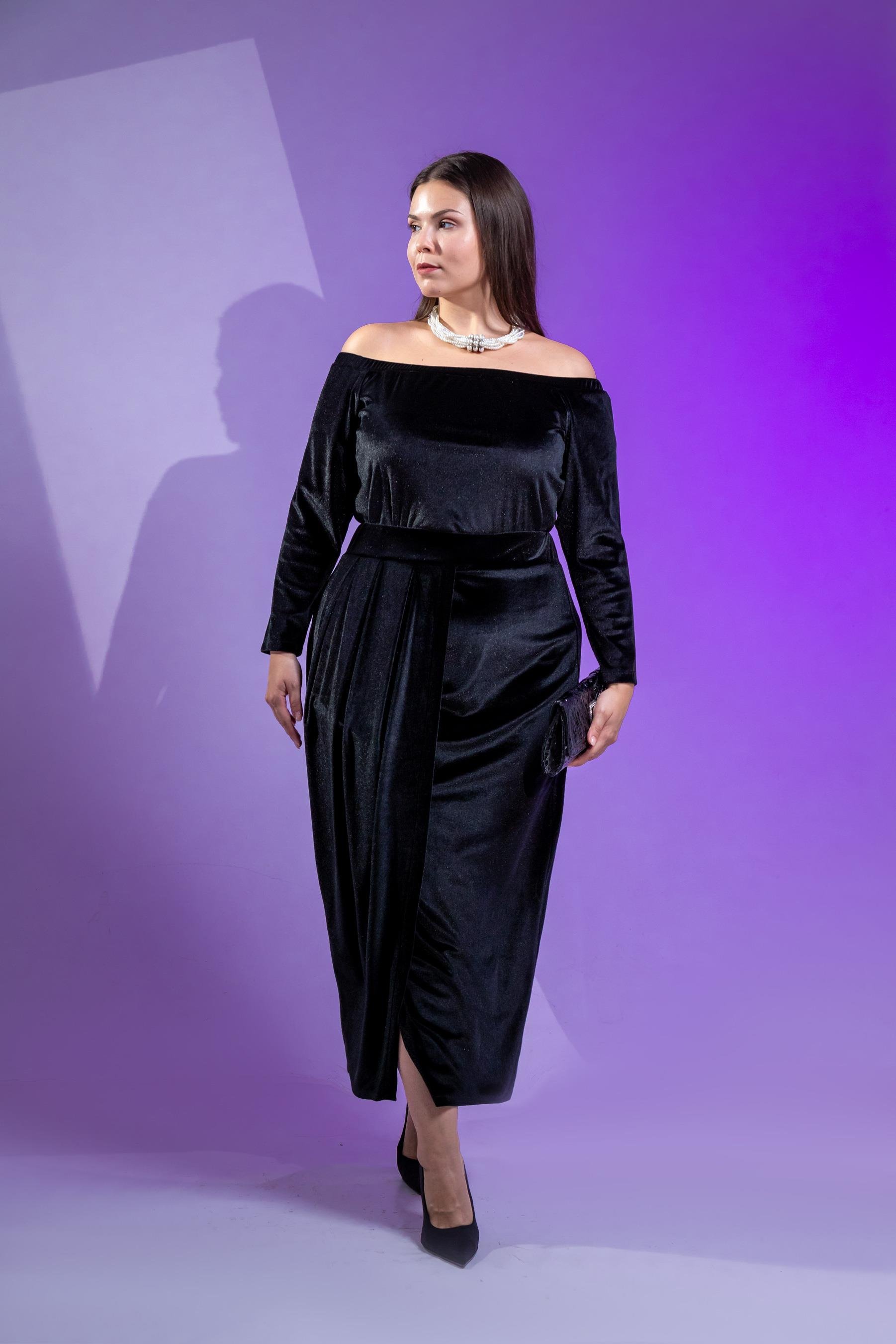 Büyük Beden 333670 Omuzu Açık Yırtmaçlı Elbise  Siyah