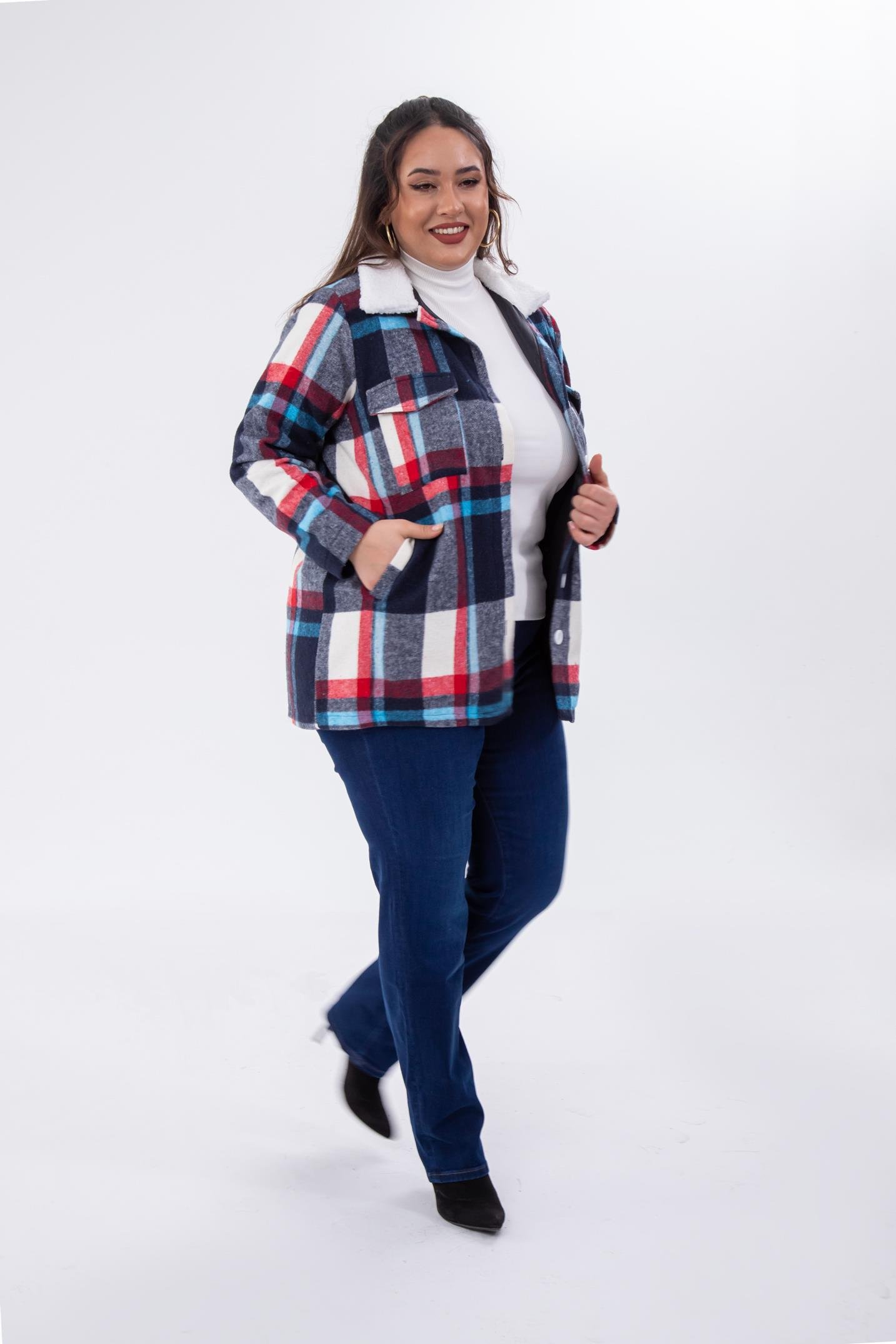 Büyük Beden 333712 Welsoft Yaka Oduncu Gömlek  Mavi-Kırmızı