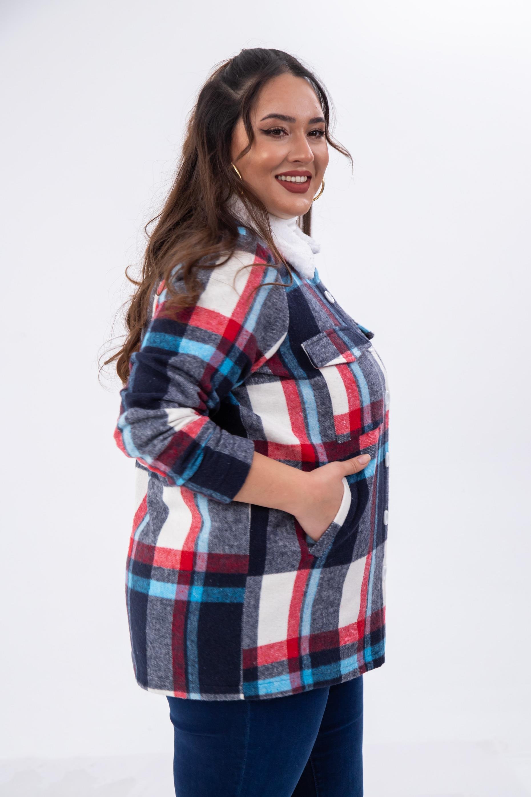 Büyük Beden 333712 Welsoft Yaka Oduncu Gömlek  Mavi-Kırmızı