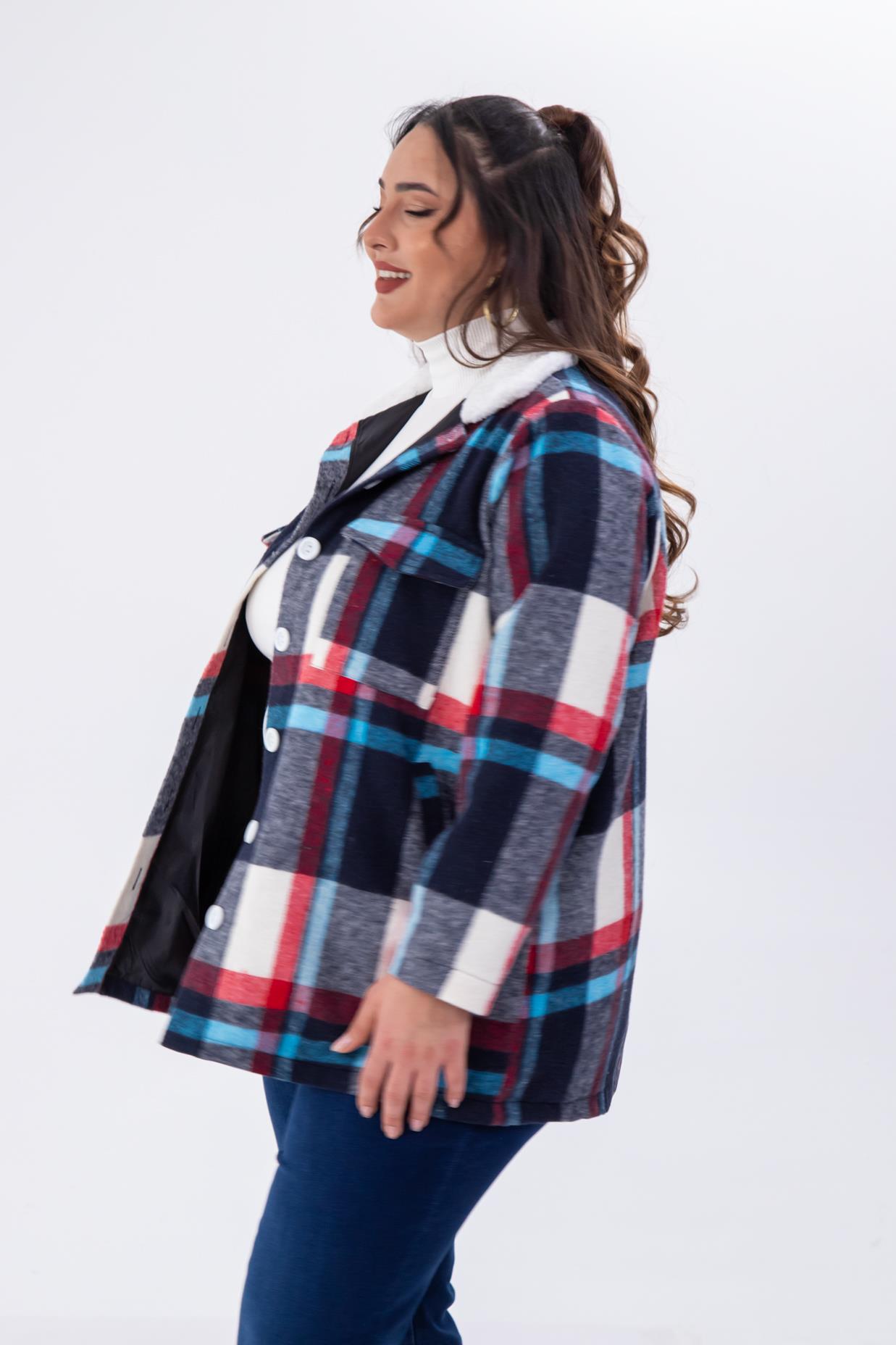 Büyük Beden 333712 Welsoft Yaka Oduncu Gömlek  Mavi-Kırmızı