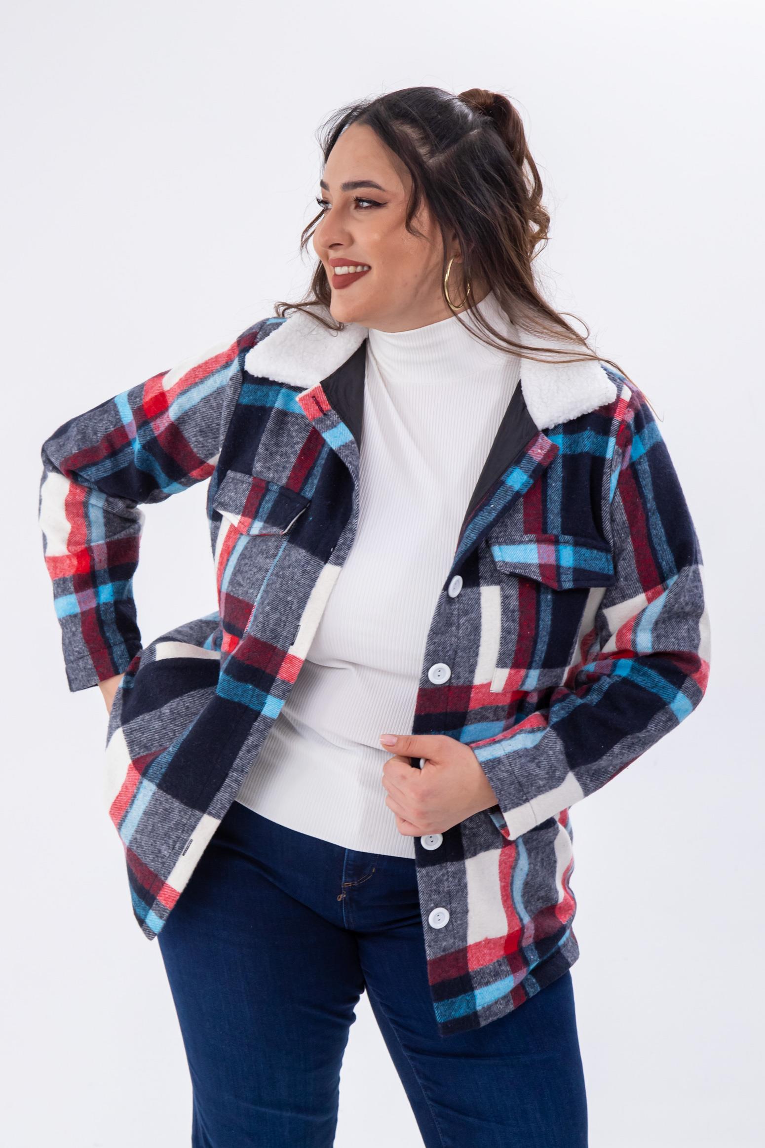 Büyük Beden 333712 Welsoft Yaka Oduncu Gömlek  Mavi-Kırmızı