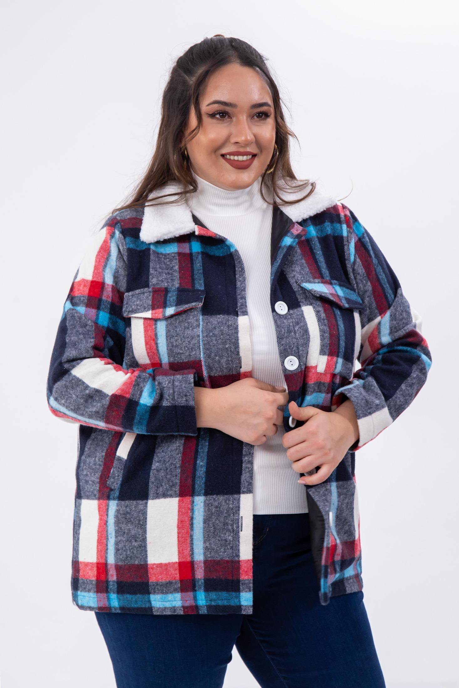 Büyük Beden 333712 Welsoft Yaka Oduncu Gömlek  Mavi-Kırmızı