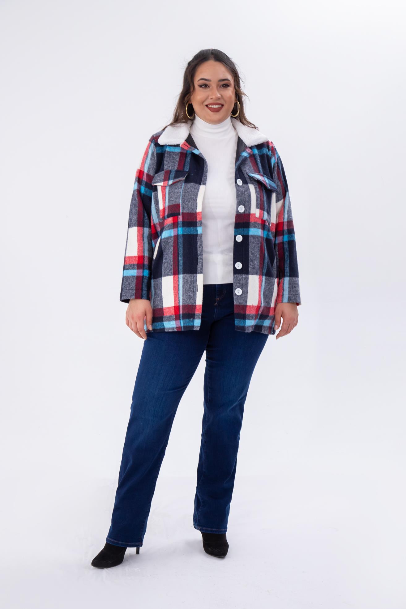 Büyük Beden 333712 Welsoft Yaka Oduncu Gömlek  Mavi-Kırmızı