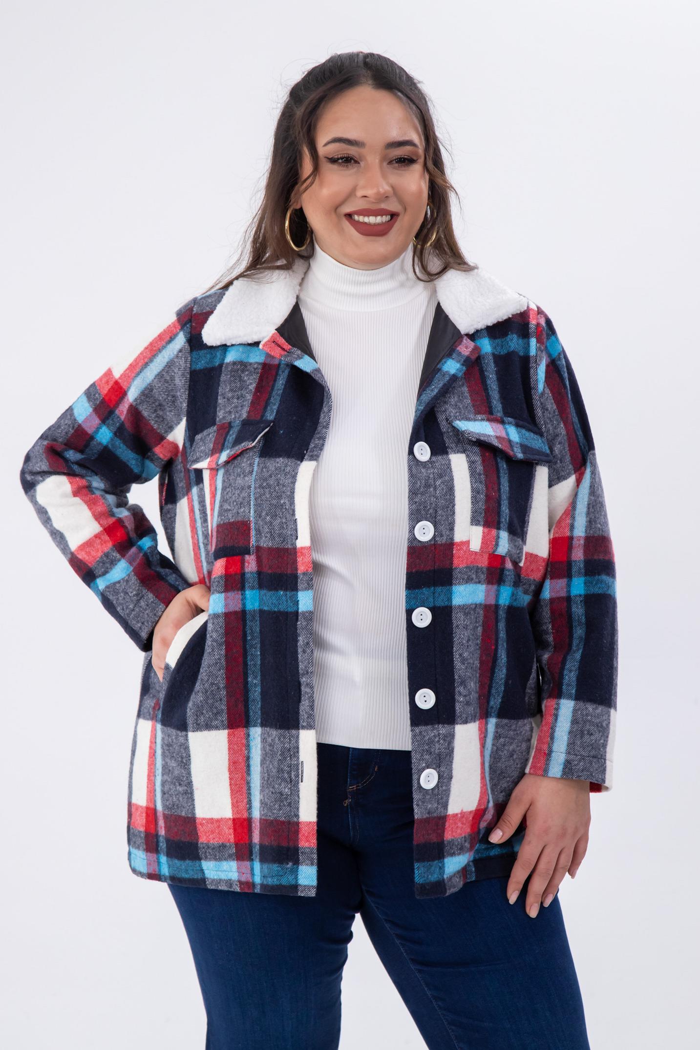 Büyük Beden 333712 Welsoft Yaka Oduncu Gömlek  Mavi-Kırmızı