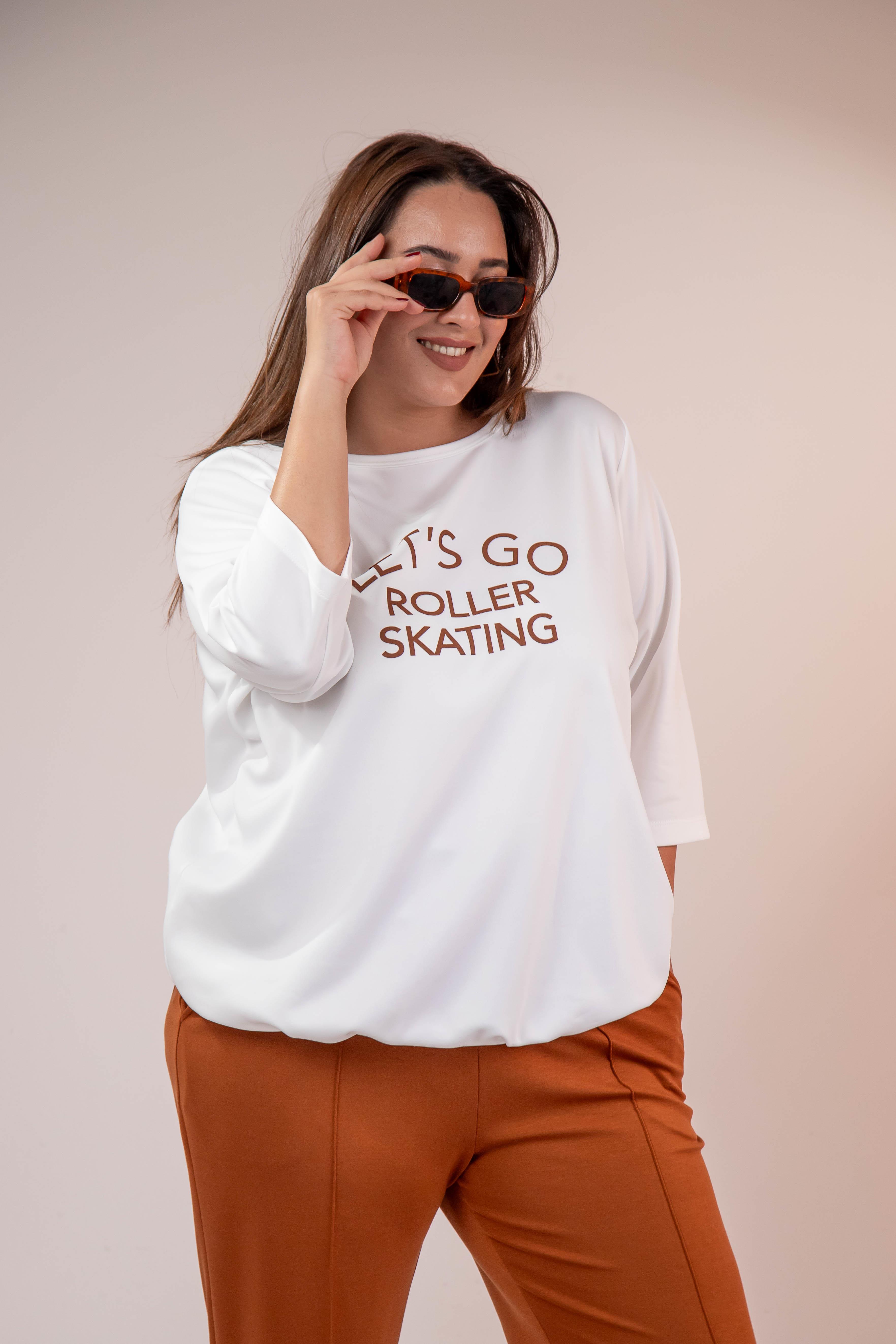 Büyük Beden 33374 Önü Baskılı Sweat  Beyaz