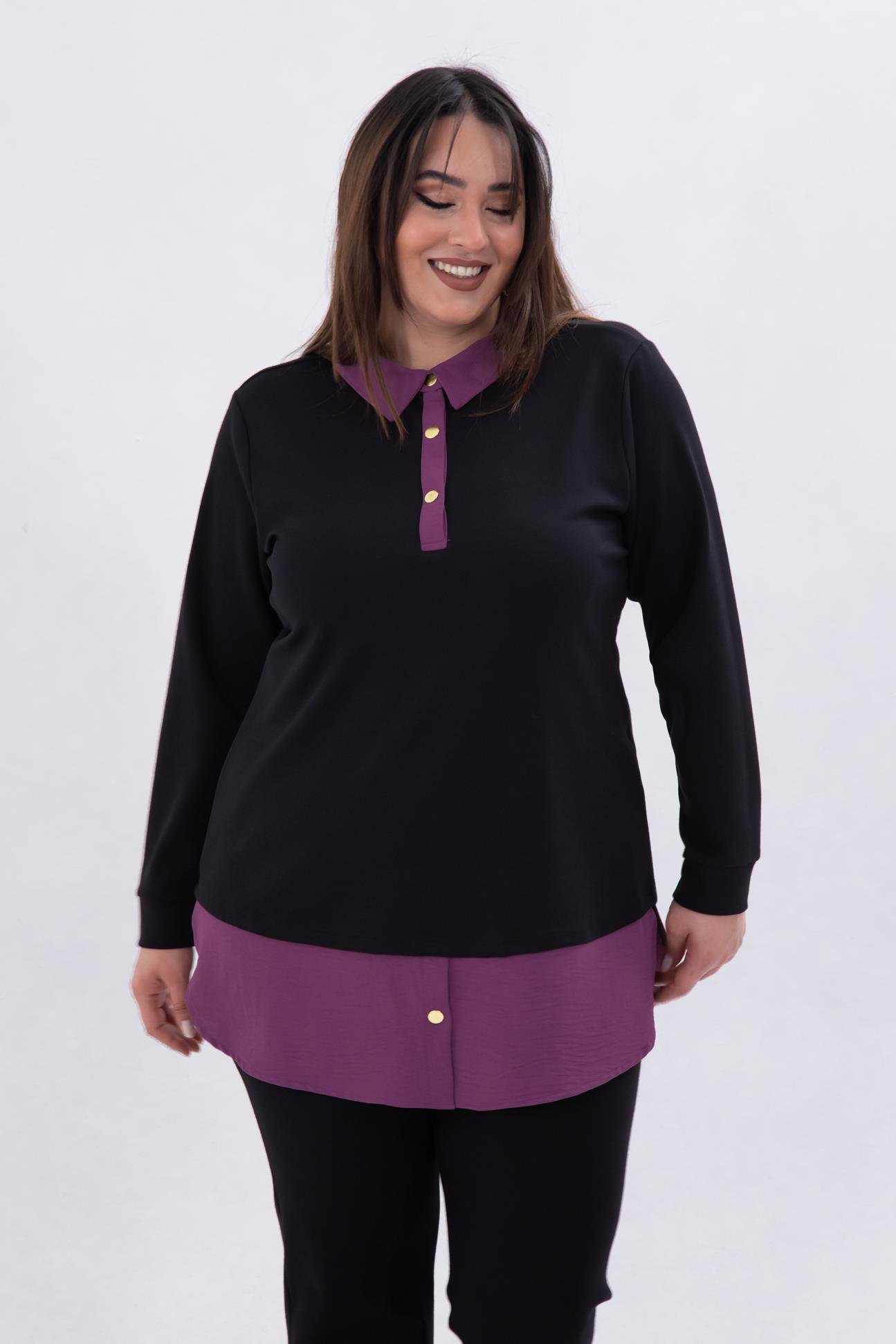 Büyük Beden 333743 Yakası Zincir Detaylı Bluz Siyah-Mor