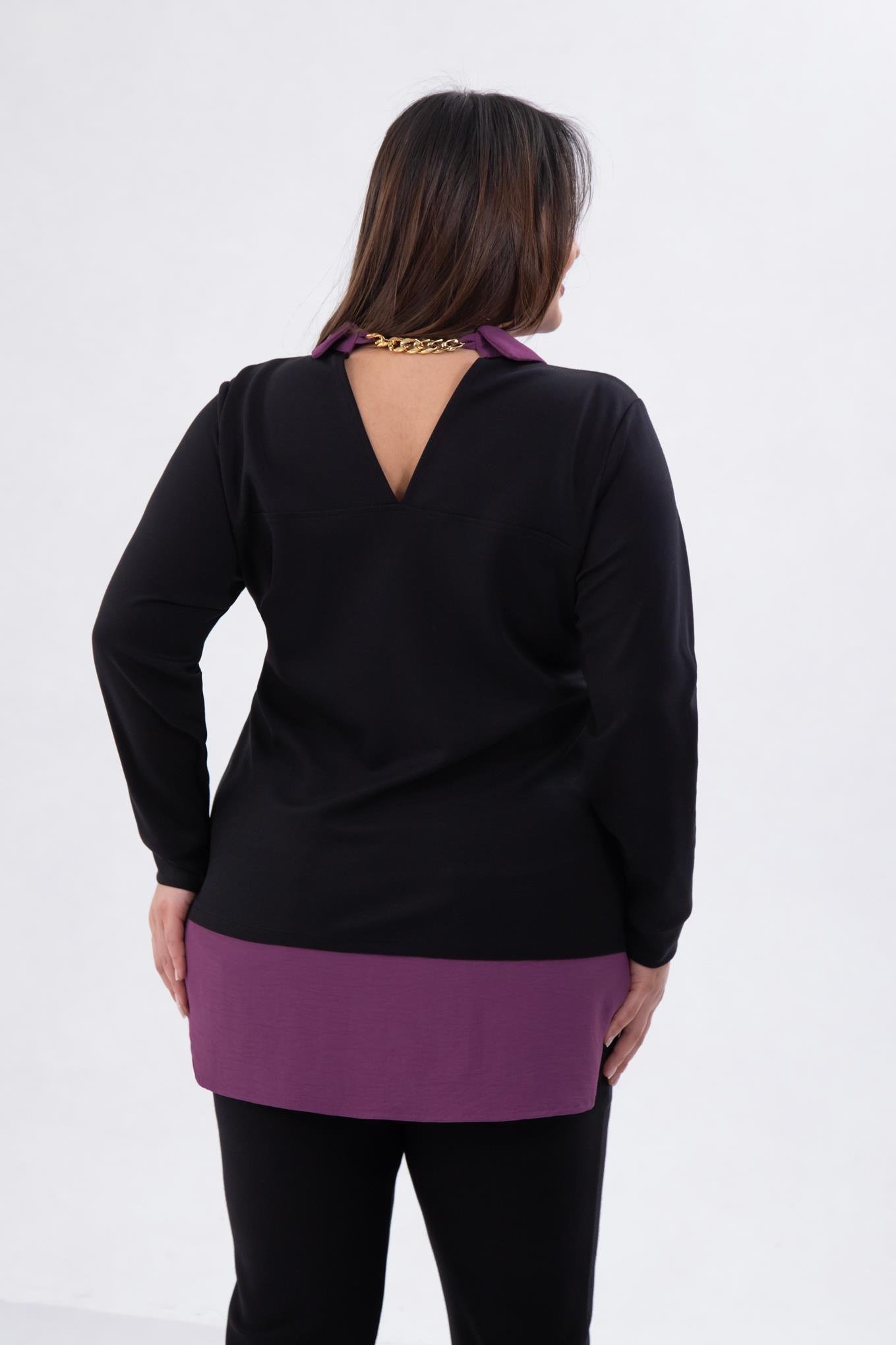 Büyük Beden 333743 Yakası Zincir Detaylı Bluz Siyah-Mor