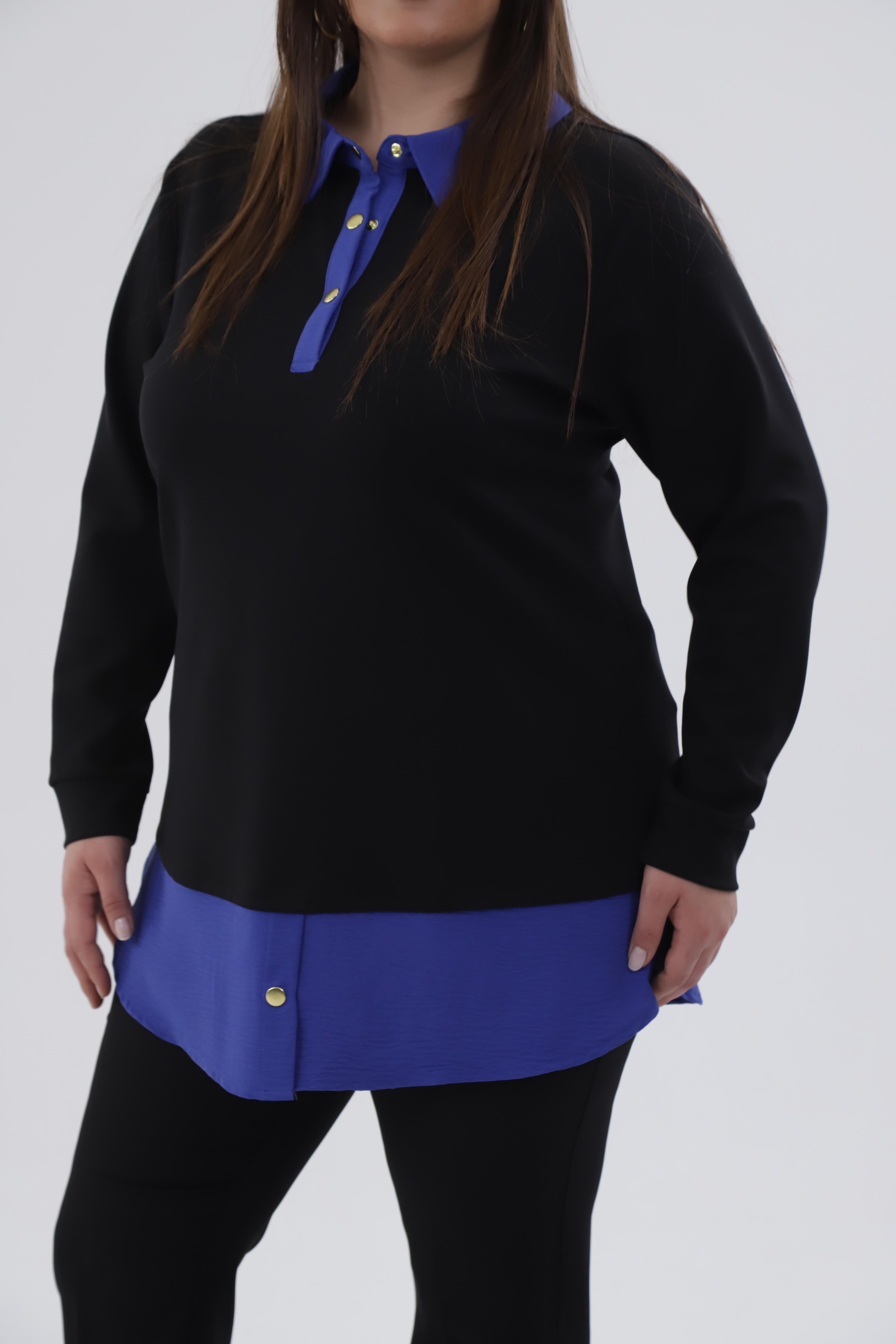 Büyük Beden 333743 Yakası Zincir Detaylı Bluz Siyah-Mavi