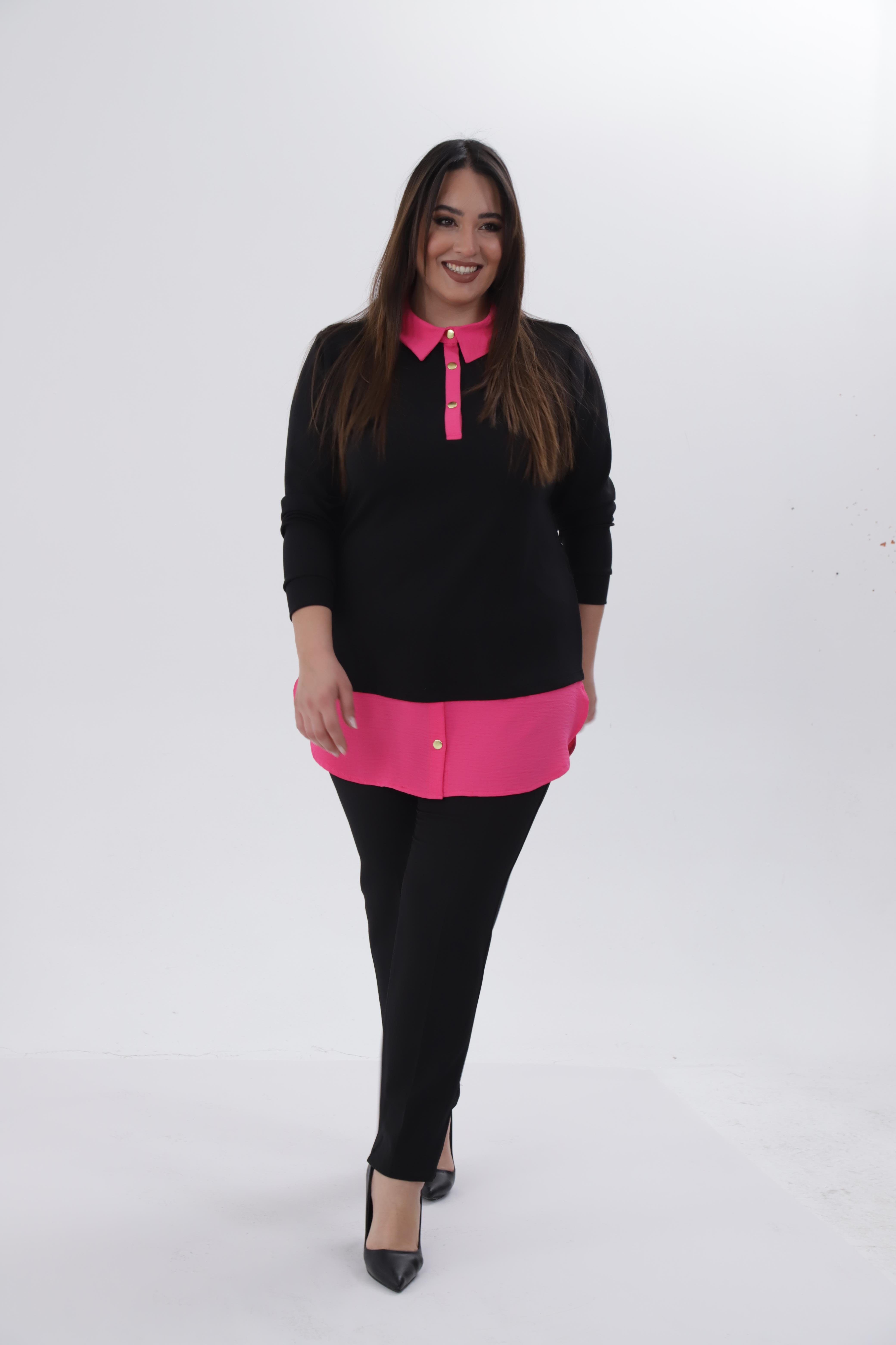 Büyük Beden 333743 Yakası Zincir Detaylı Bluz Siyah-Fuşya