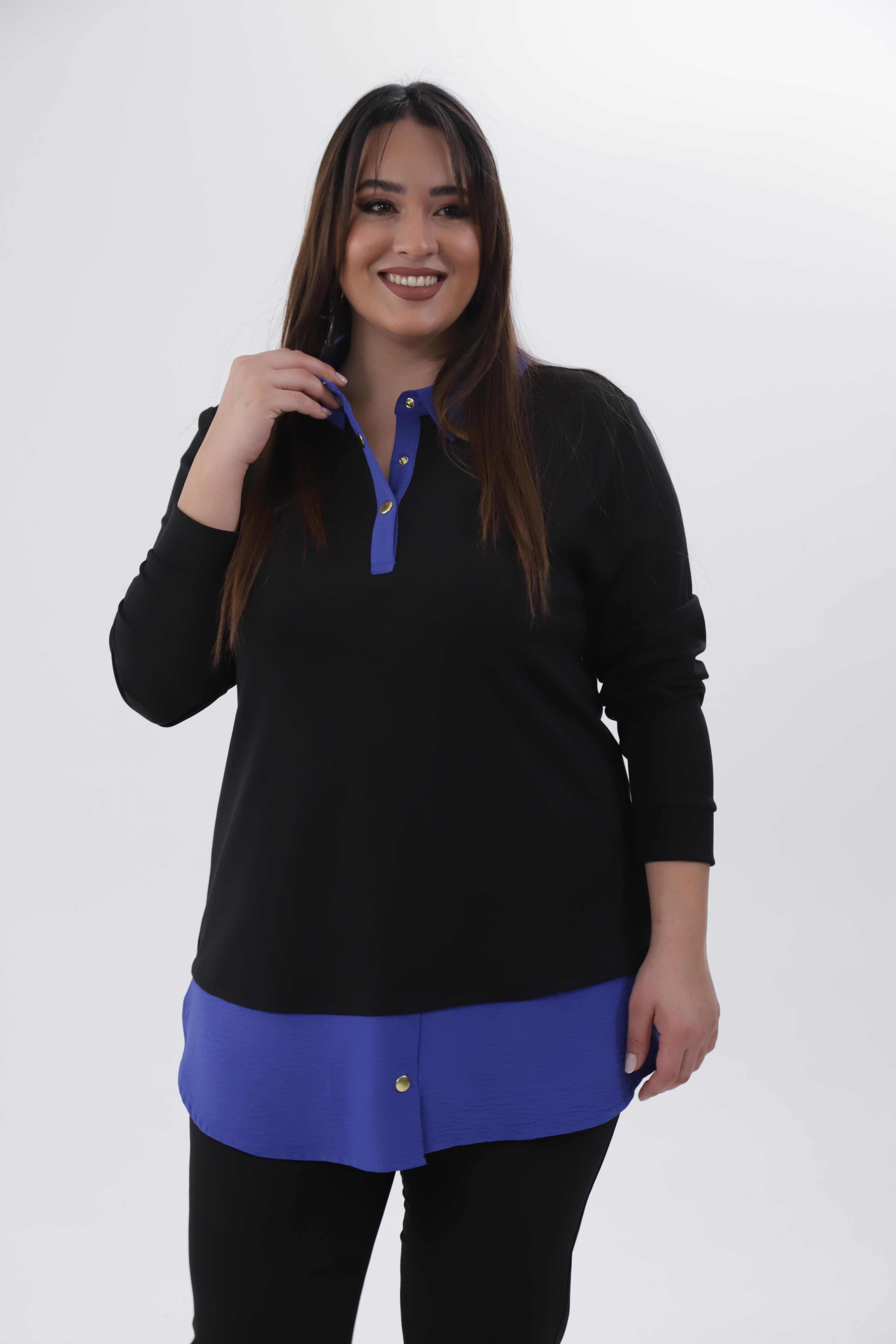 Büyük Beden 333743 Yakası Zincir Detaylı Bluz Siyah-Mavi