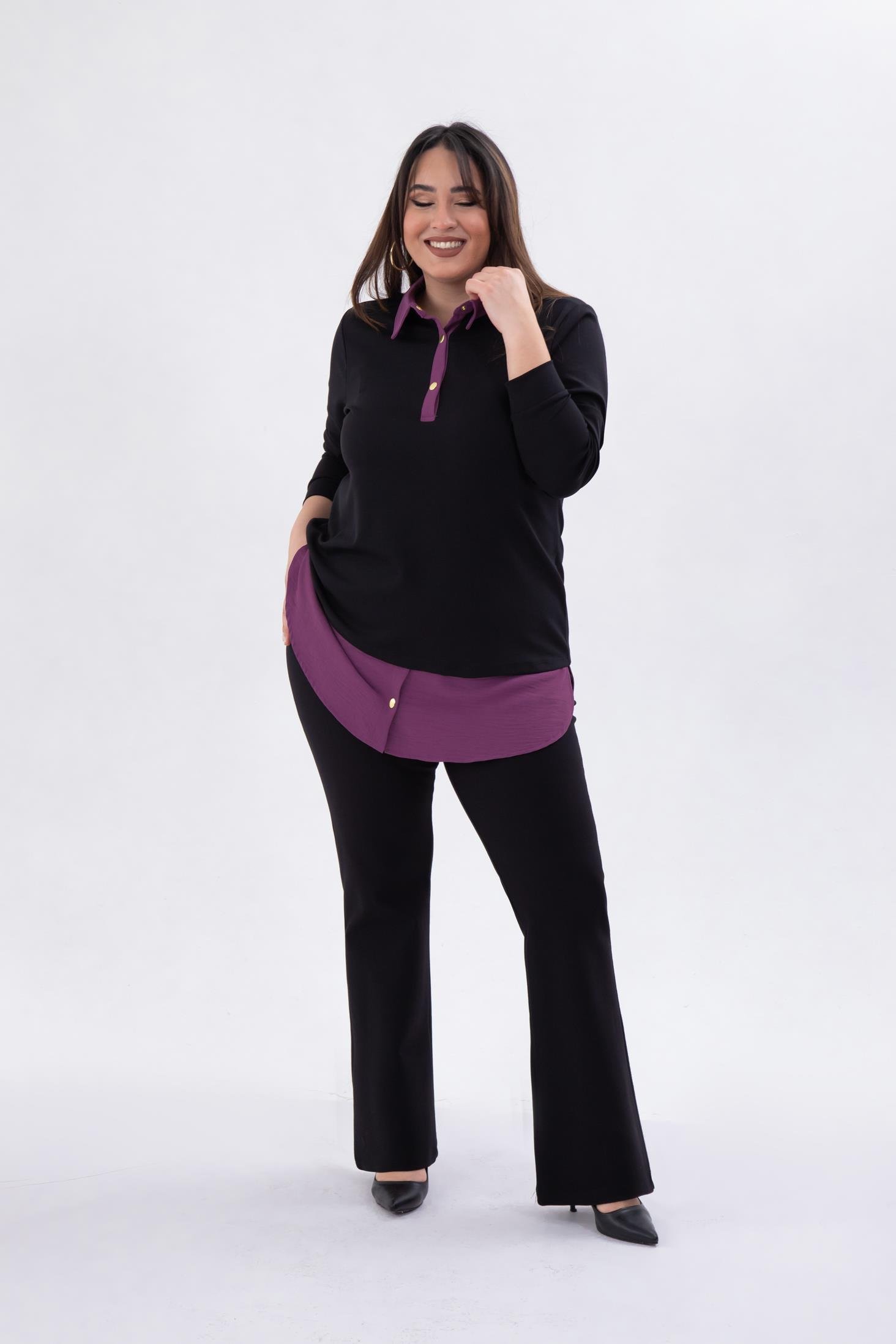 Büyük Beden 333743 Yakası Zincir Detaylı Bluz Siyah-Mor