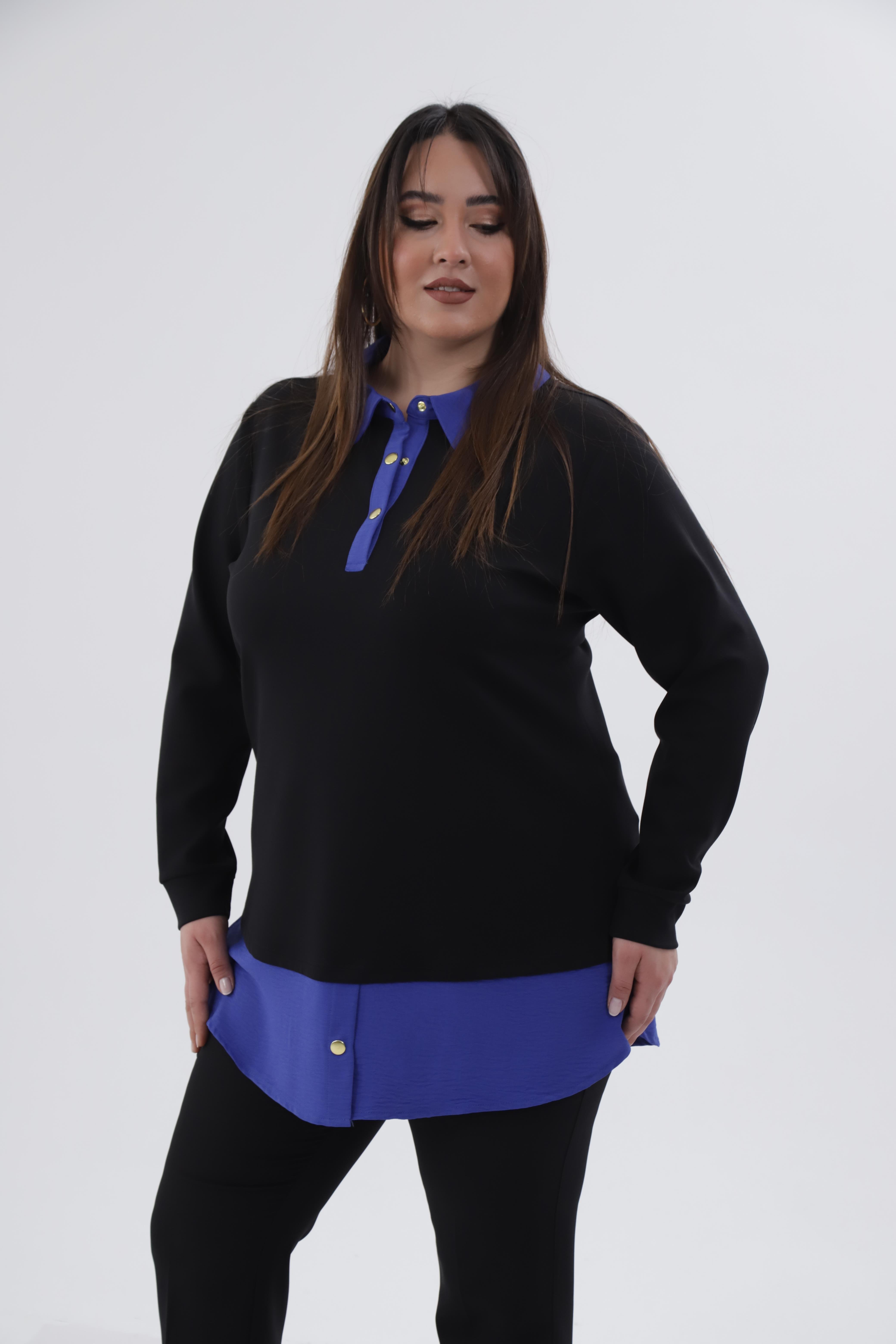 Büyük Beden 333743 Yakası Zincir Detaylı Bluz Siyah-Mavi