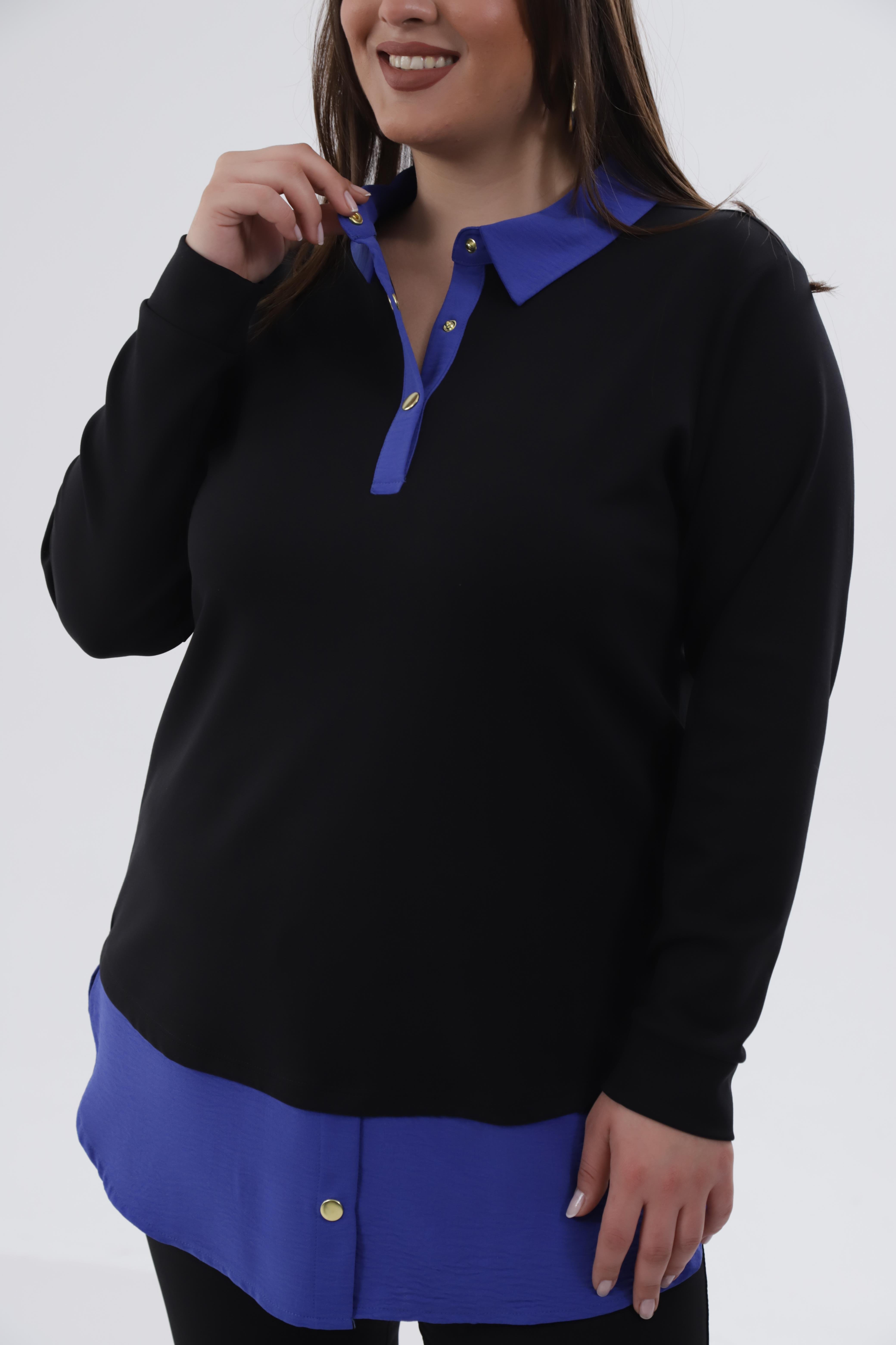 Büyük Beden 333743 Yakası Zincir Detaylı Bluz Siyah-Mavi