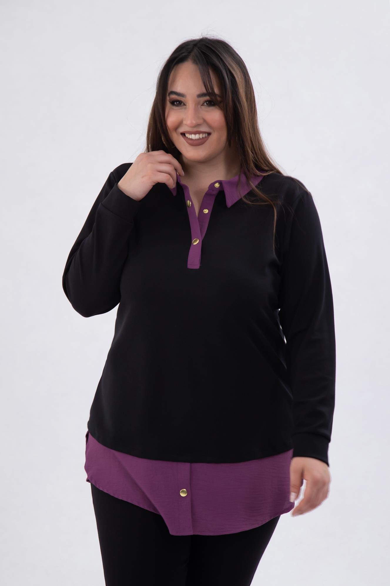 Büyük Beden 333743 Yakası Zincir Detaylı Bluz Siyah-Mor