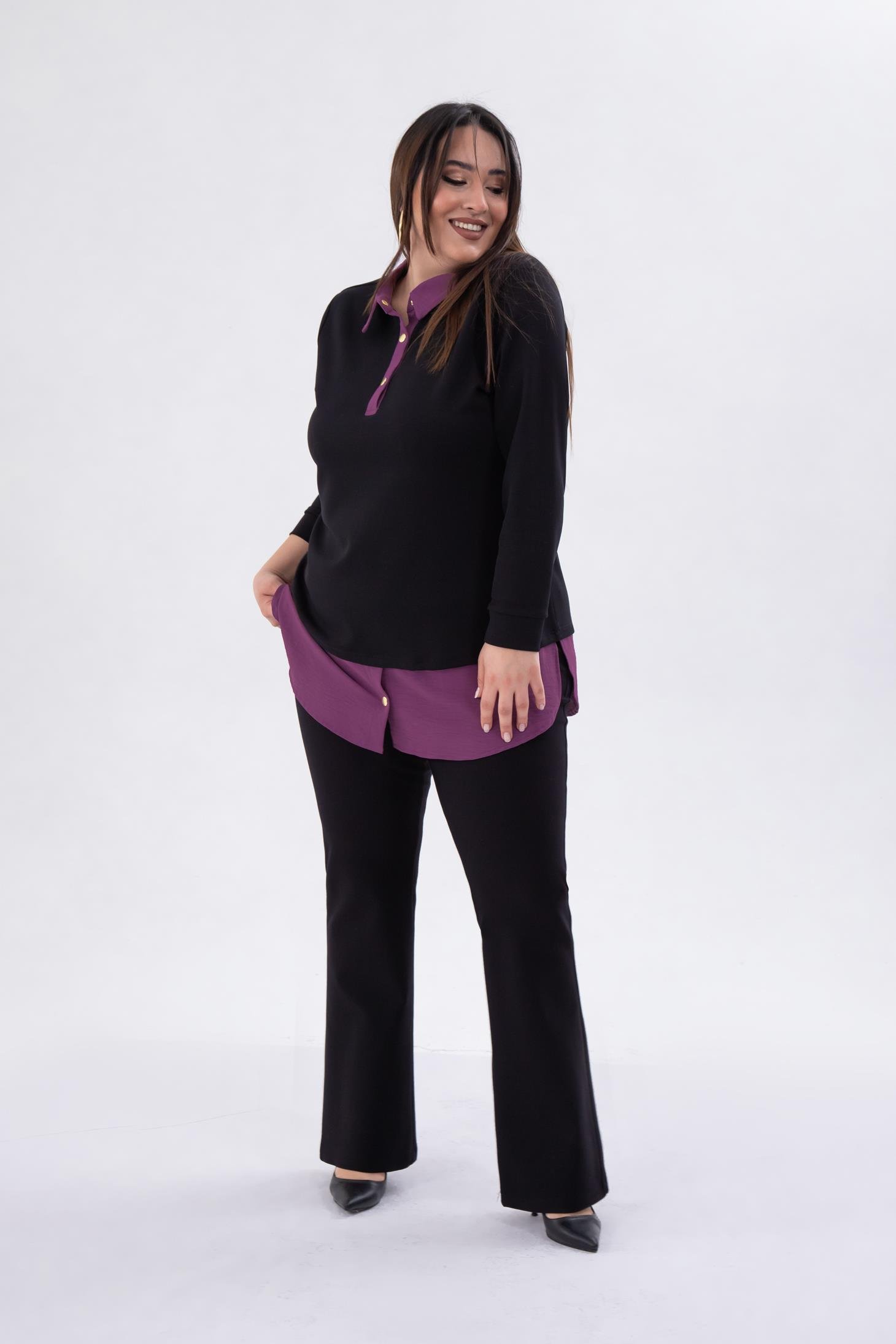 Büyük Beden 333743 Yakası Zincir Detaylı Bluz Siyah-Mor