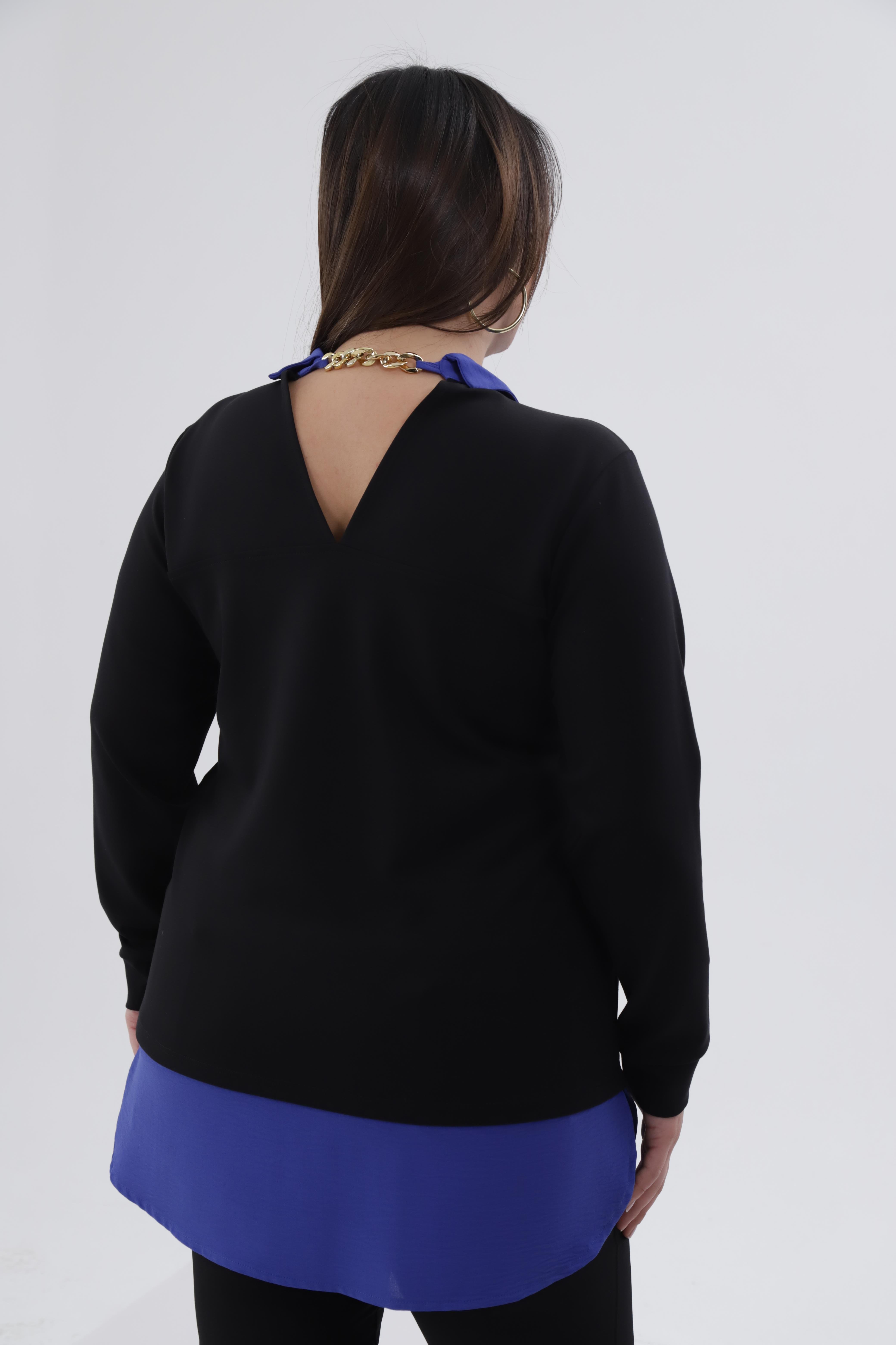 Büyük Beden 333743 Yakası Zincir Detaylı Bluz Siyah-Mavi