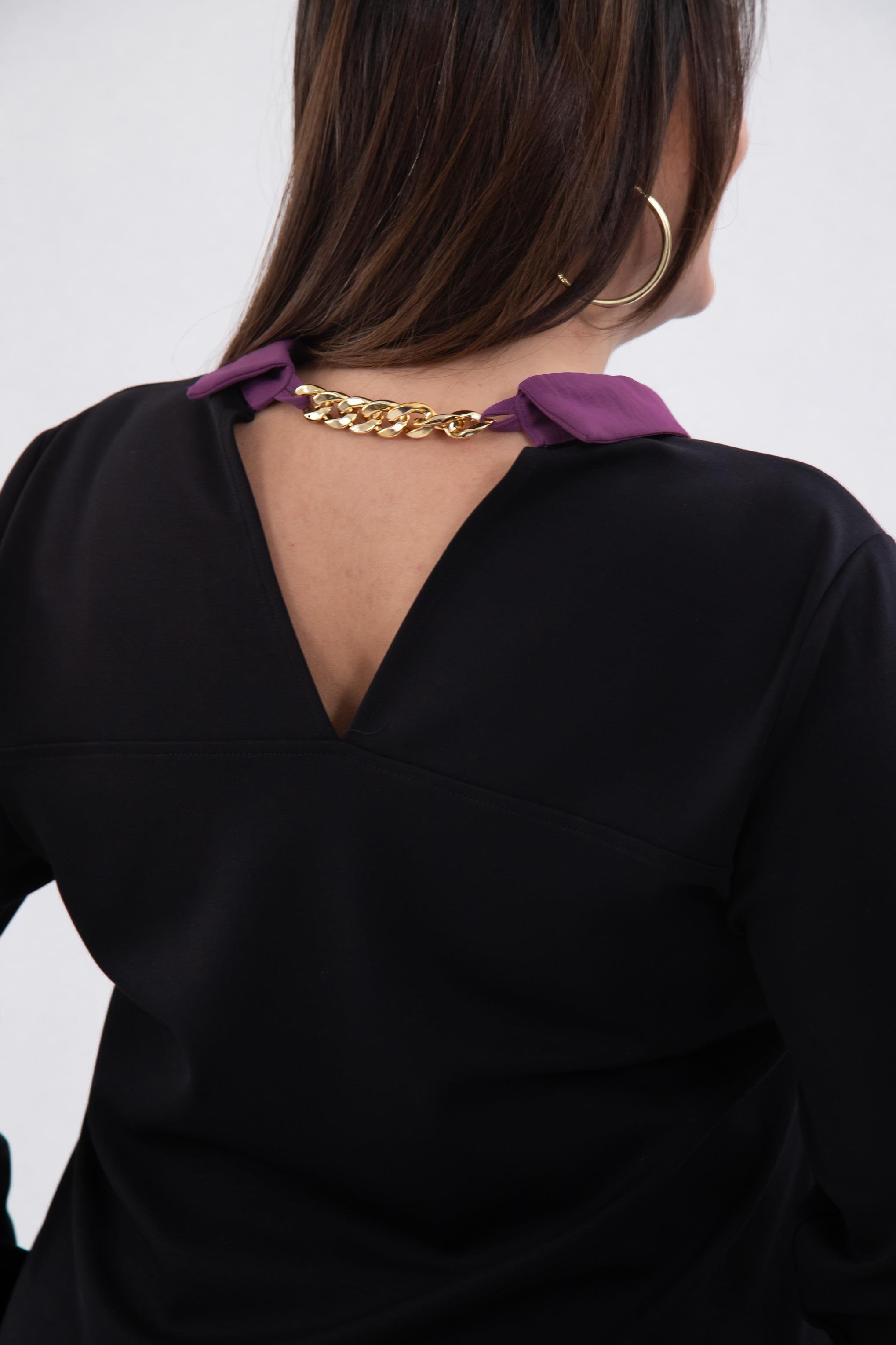 Büyük Beden 333743 Yakası Zincir Detaylı Bluz Siyah-Mor