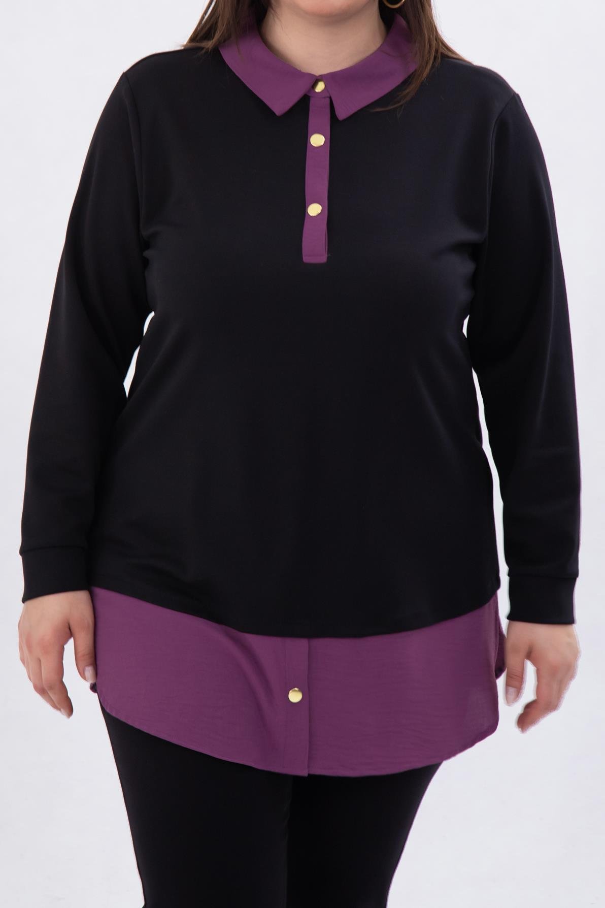 Büyük Beden 333743 Yakası Zincir Detaylı Bluz Siyah-Mor