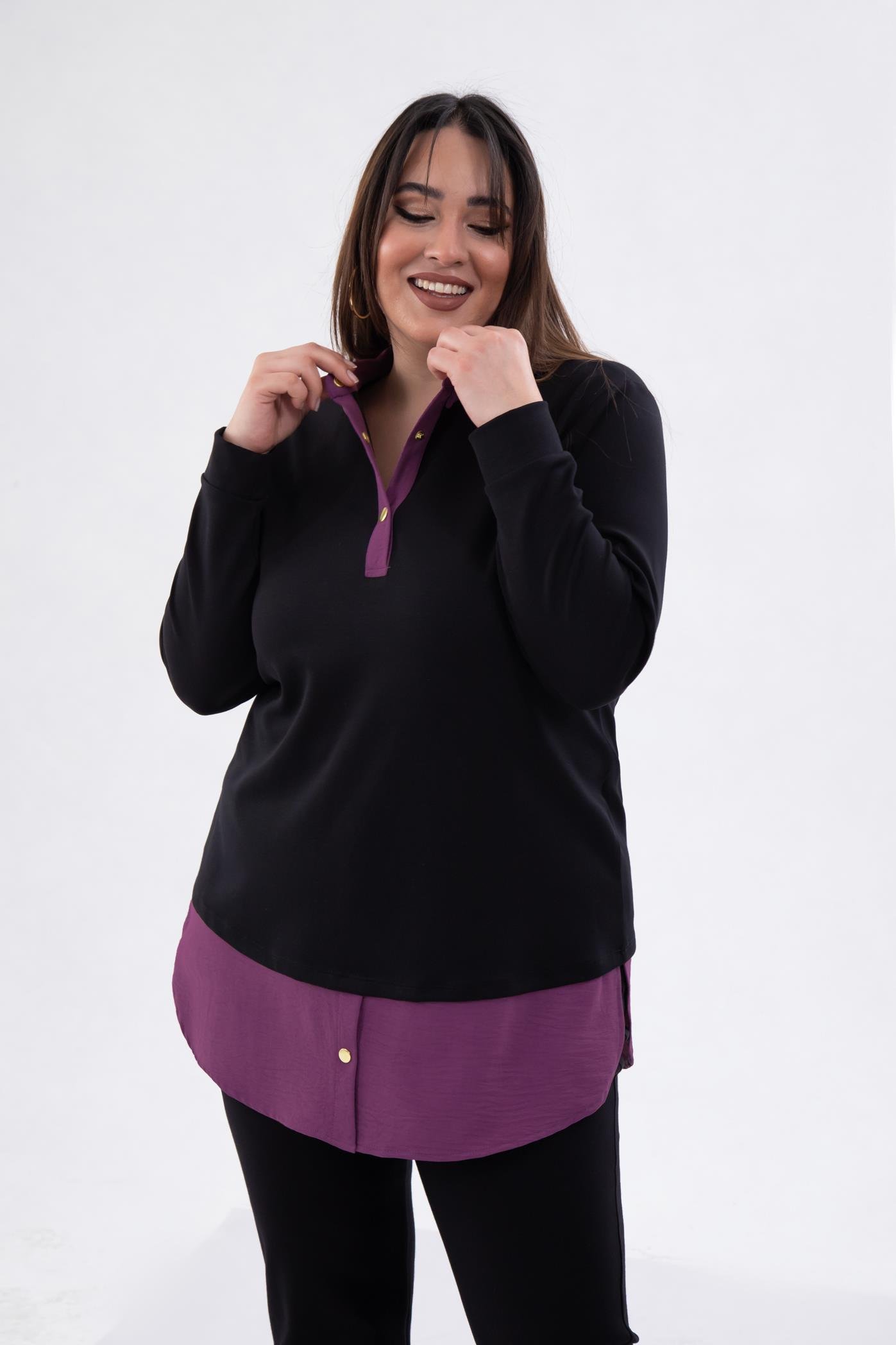 Büyük Beden 333743 Yakası Zincir Detaylı Bluz Siyah-Mor