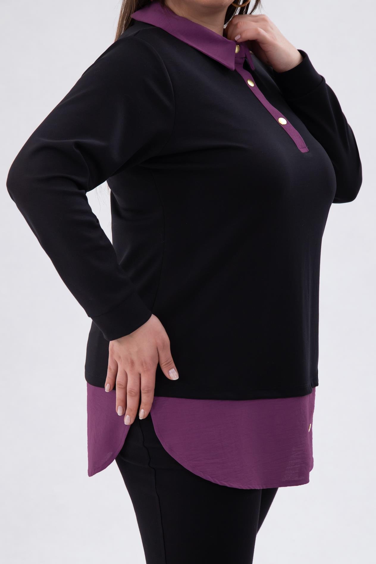 Büyük Beden 333743 Yakası Zincir Detaylı Bluz Siyah-Mor